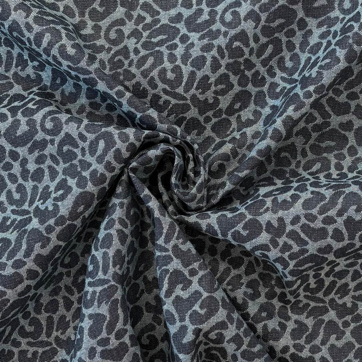 C862 Leopard Denim Weave Blue Fabric Gathered