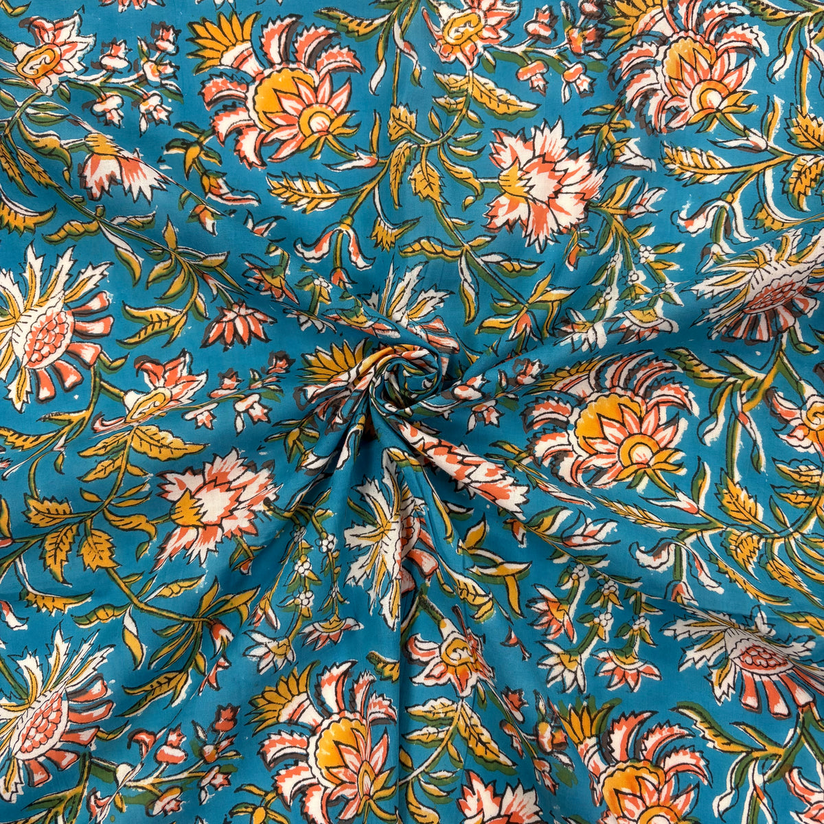 Celebration Floral Block Print Turquoise light weight cotton fabric Tex Ex 3045 gathered