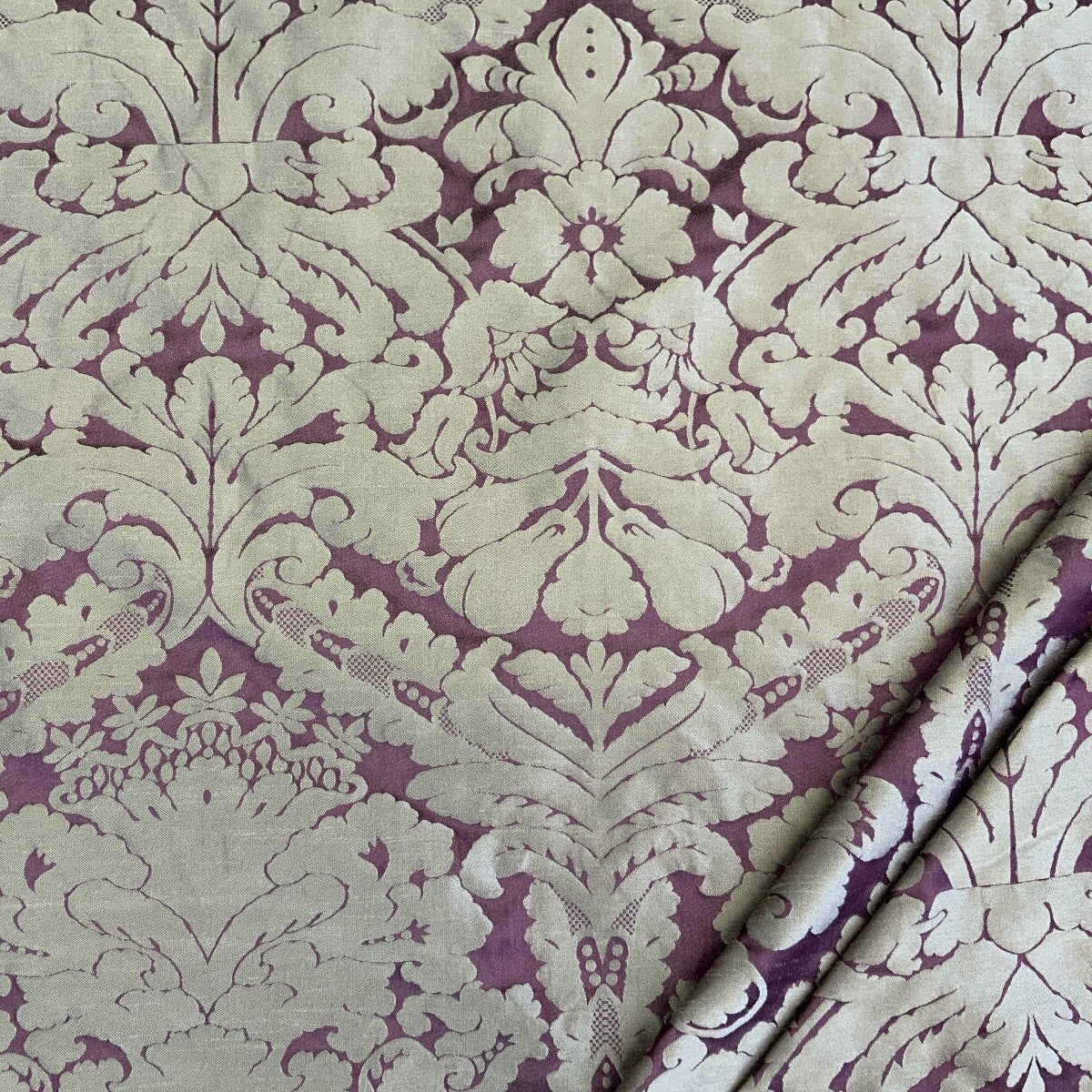 Dutch Damask Plum Gold T455 fabric gathered