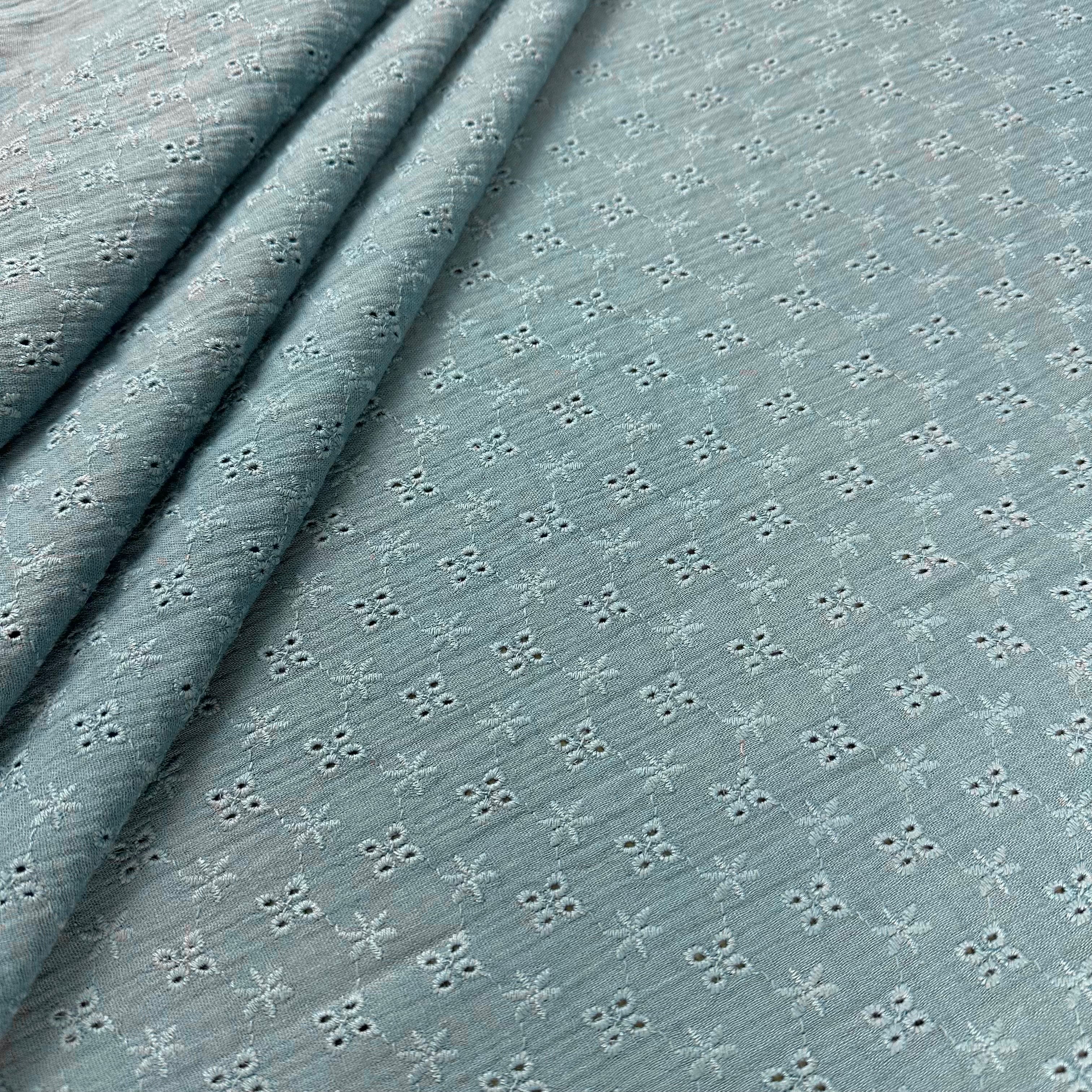 Embroidered Floral Double Muslin Blue T566 Fabric Folded