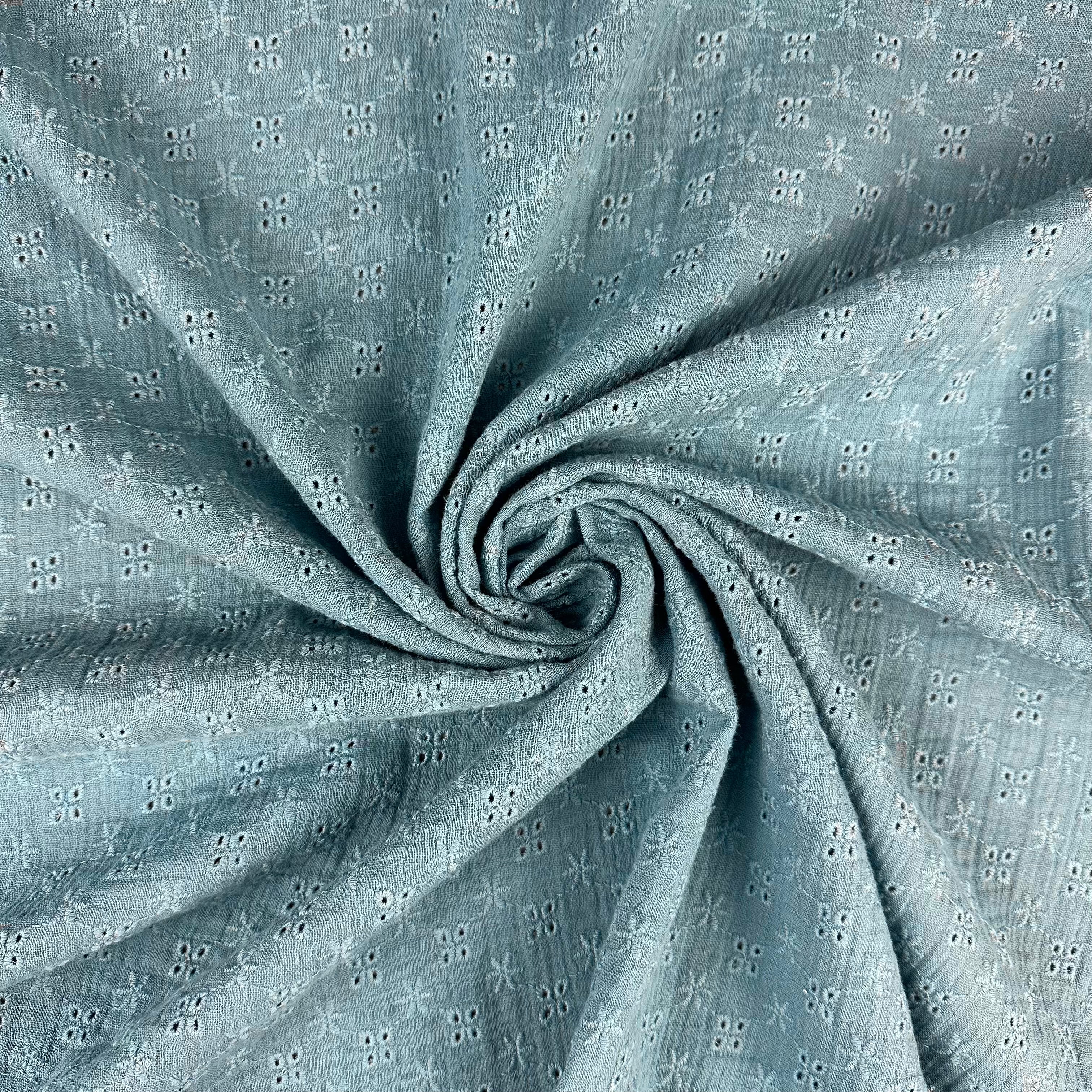 Embroidered Floral Double Muslin Blue T566 Fabric Gathered