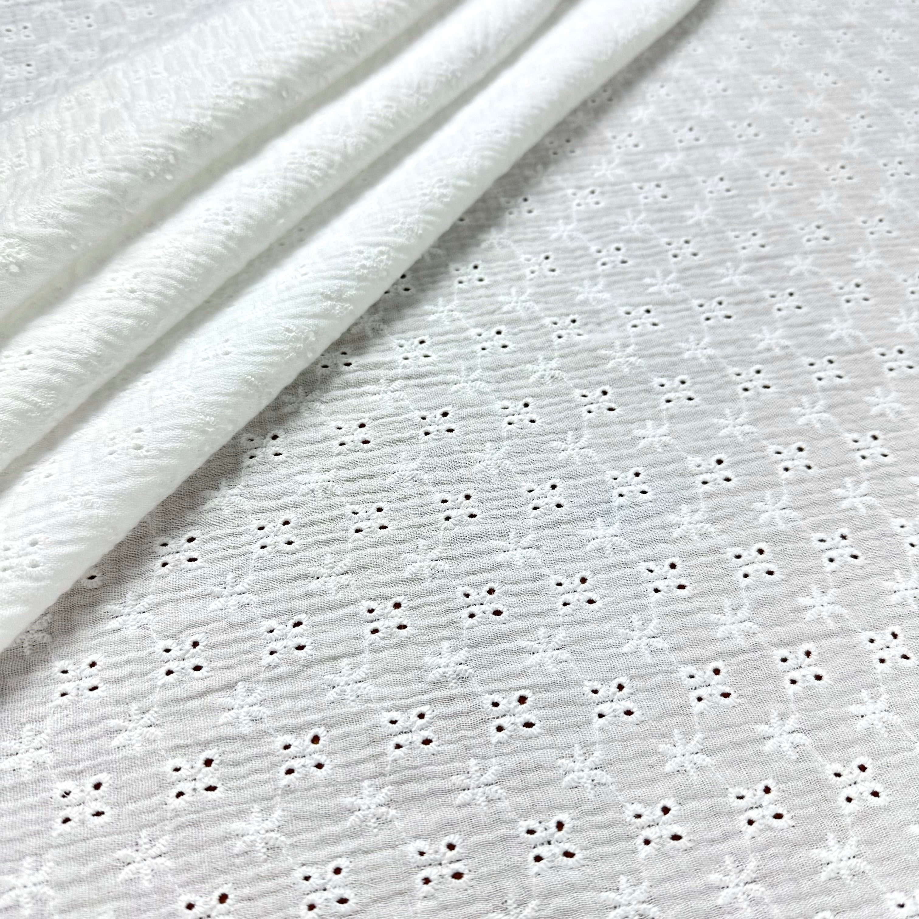 Embroidered Floral Double Muslin White T567 Fabric Folded