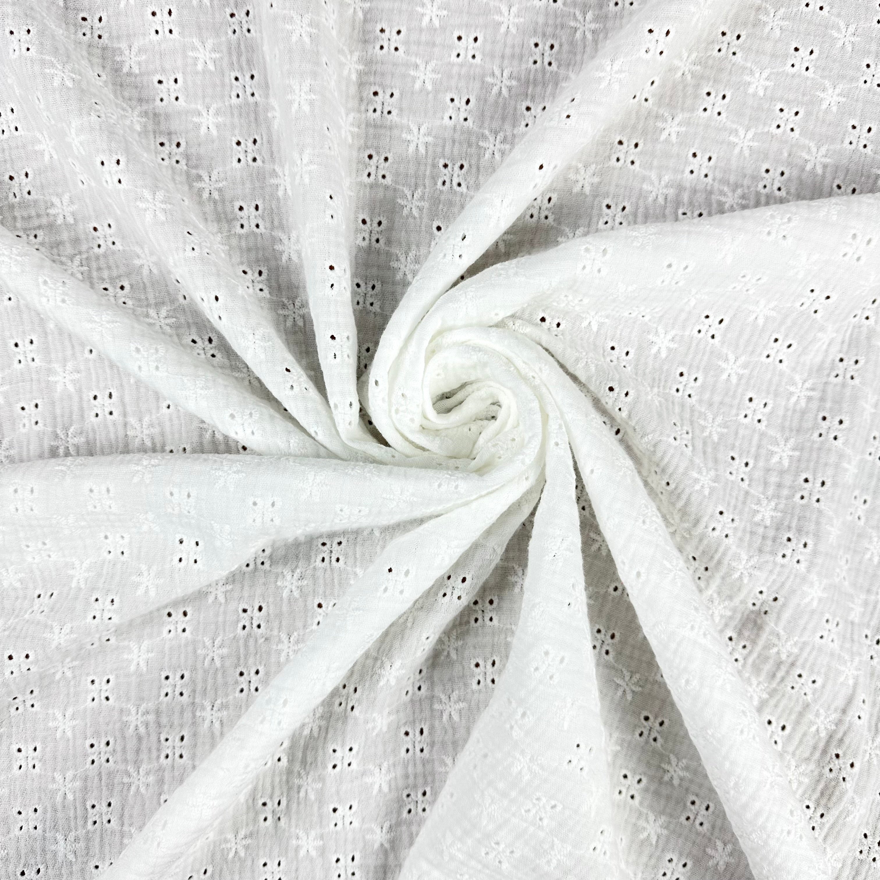 Embroidered Floral Double Muslin White T567 Fabric Gathered