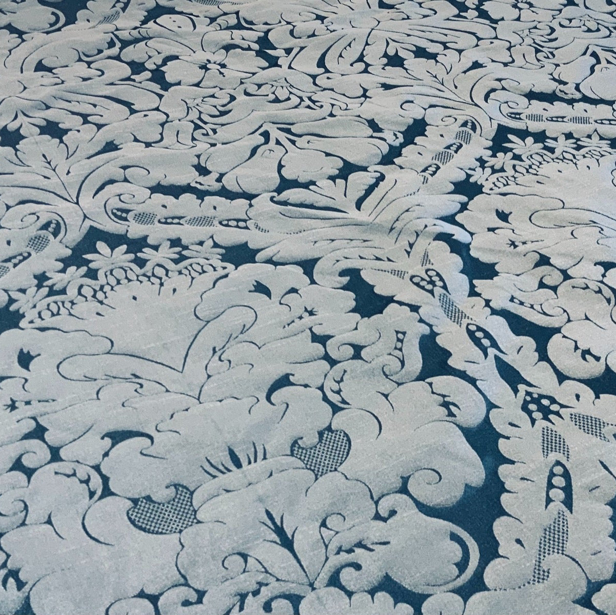 Faux Silk Damask Dark Blue Fabric