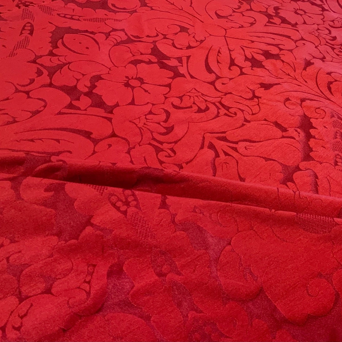 Faux Silk Damask Red fabric gathered