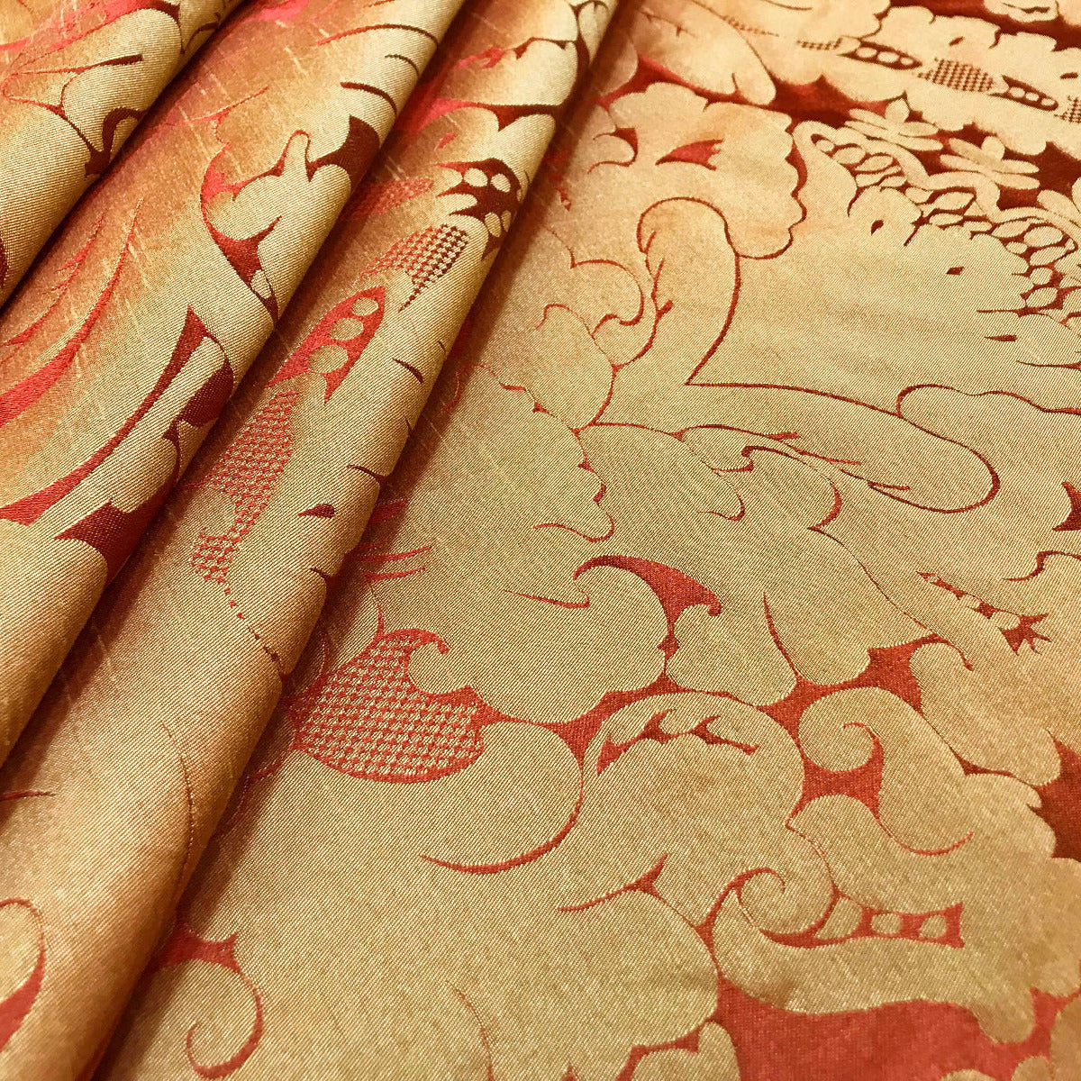 Faux Silk Damask Rust fabric gathered