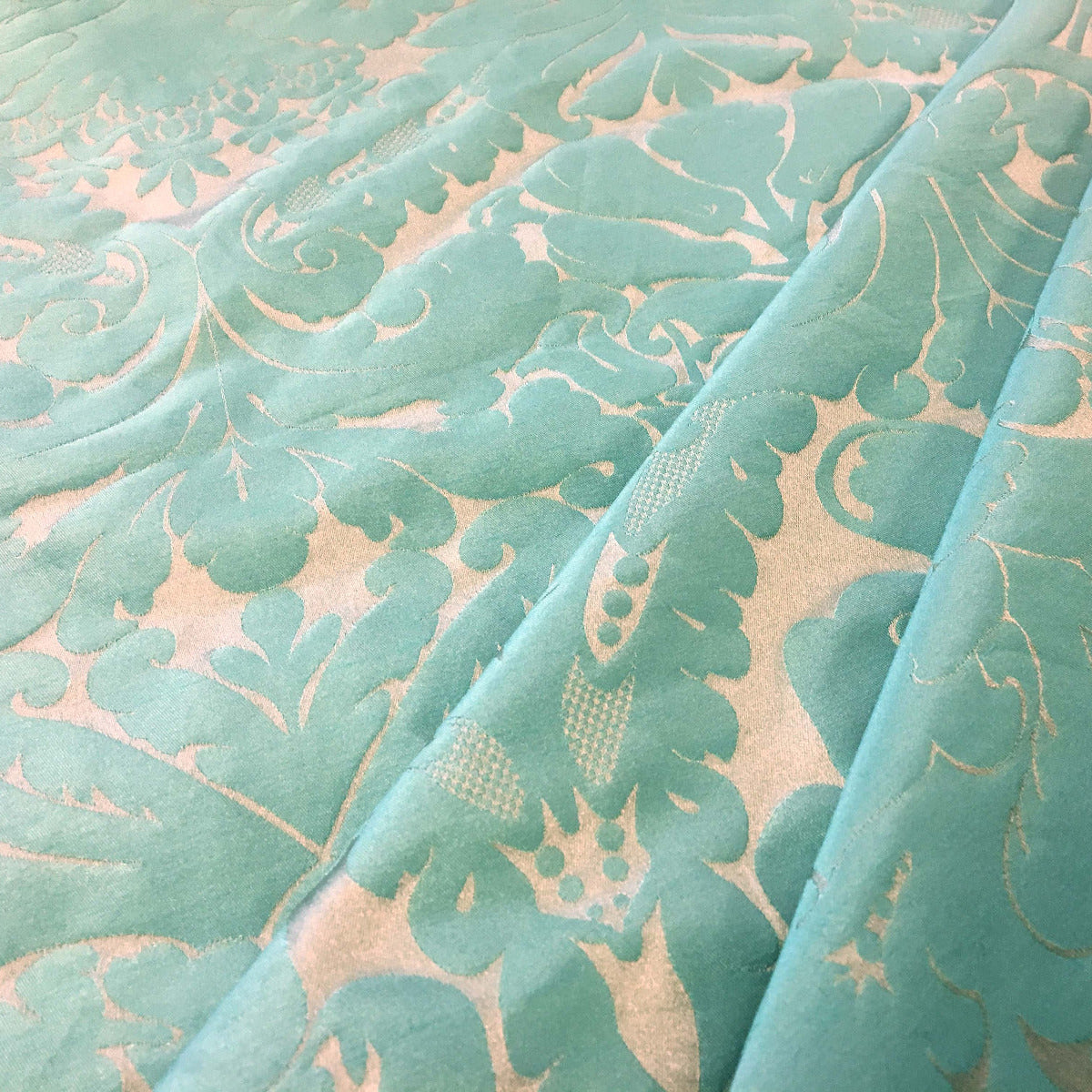 Faux Silk Damask Turquoise Silver Fabric gathered