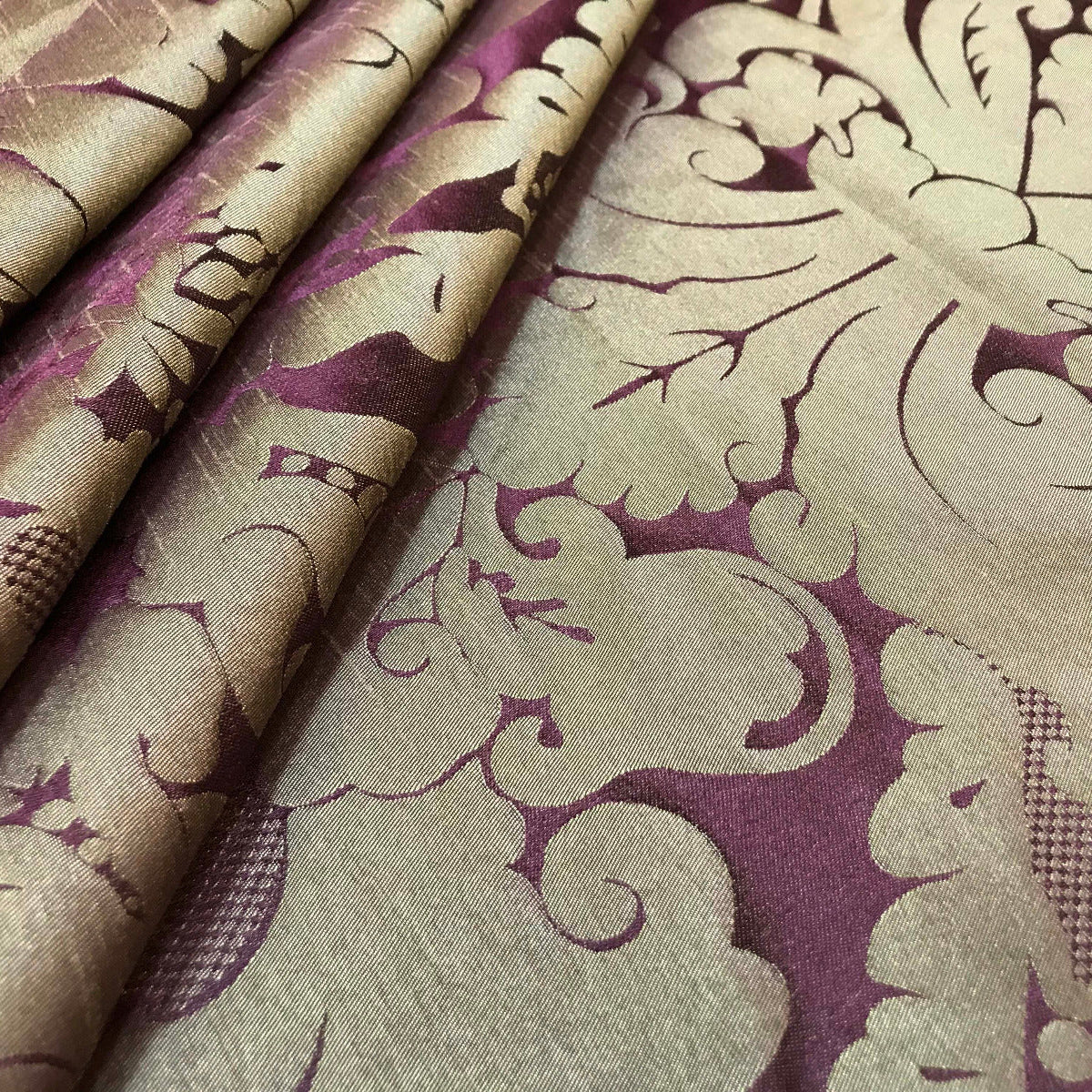 Faux silk damask plum gold fabric Gathered