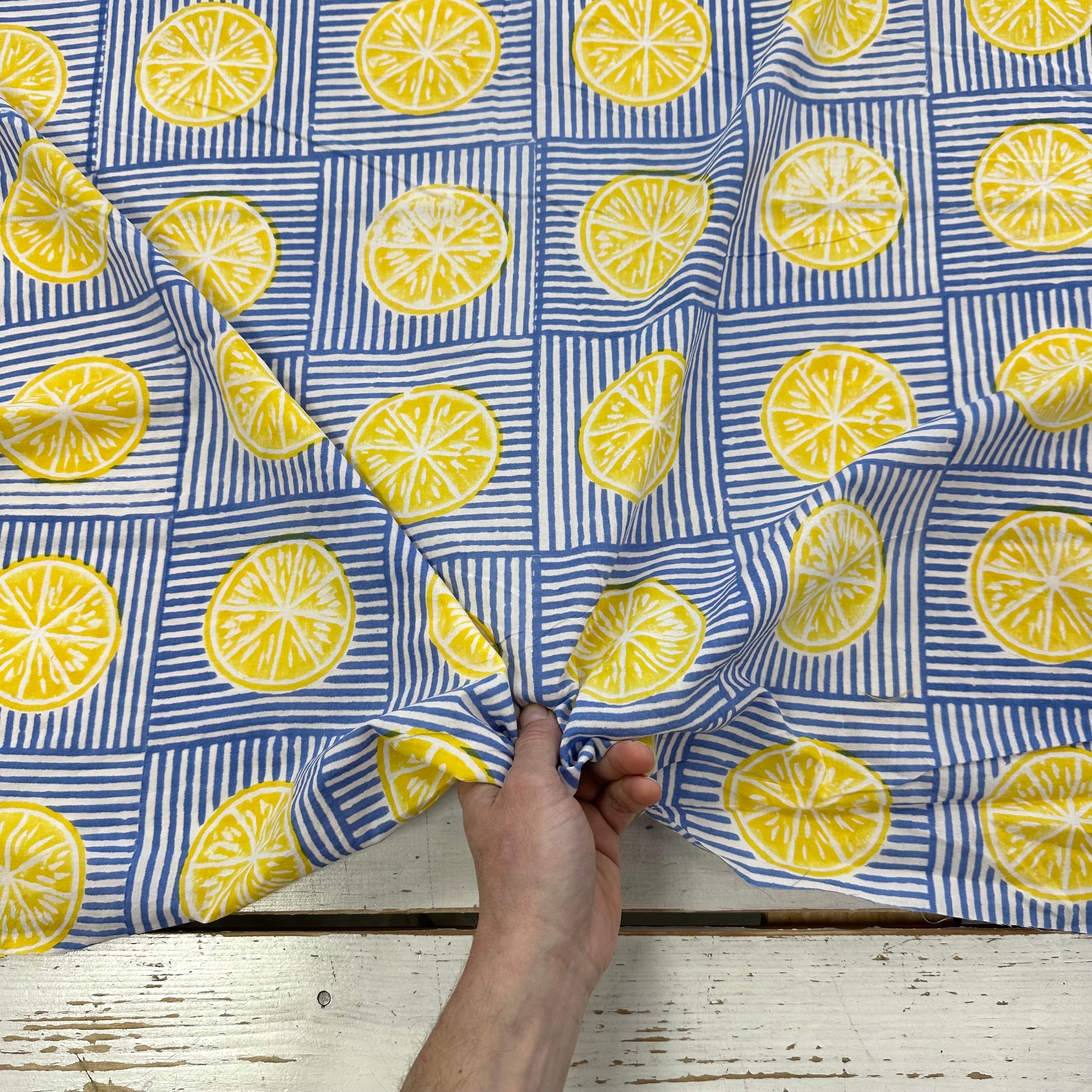 Amalfi Lemon Block Print Blue Tex Ex 2991