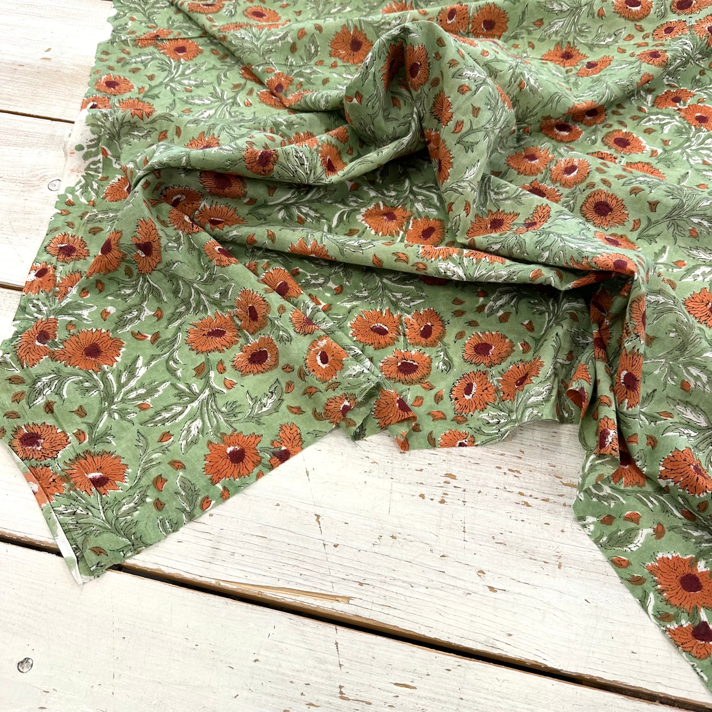 Marigold Petals Floral Block Print Green Tex Ex 2993