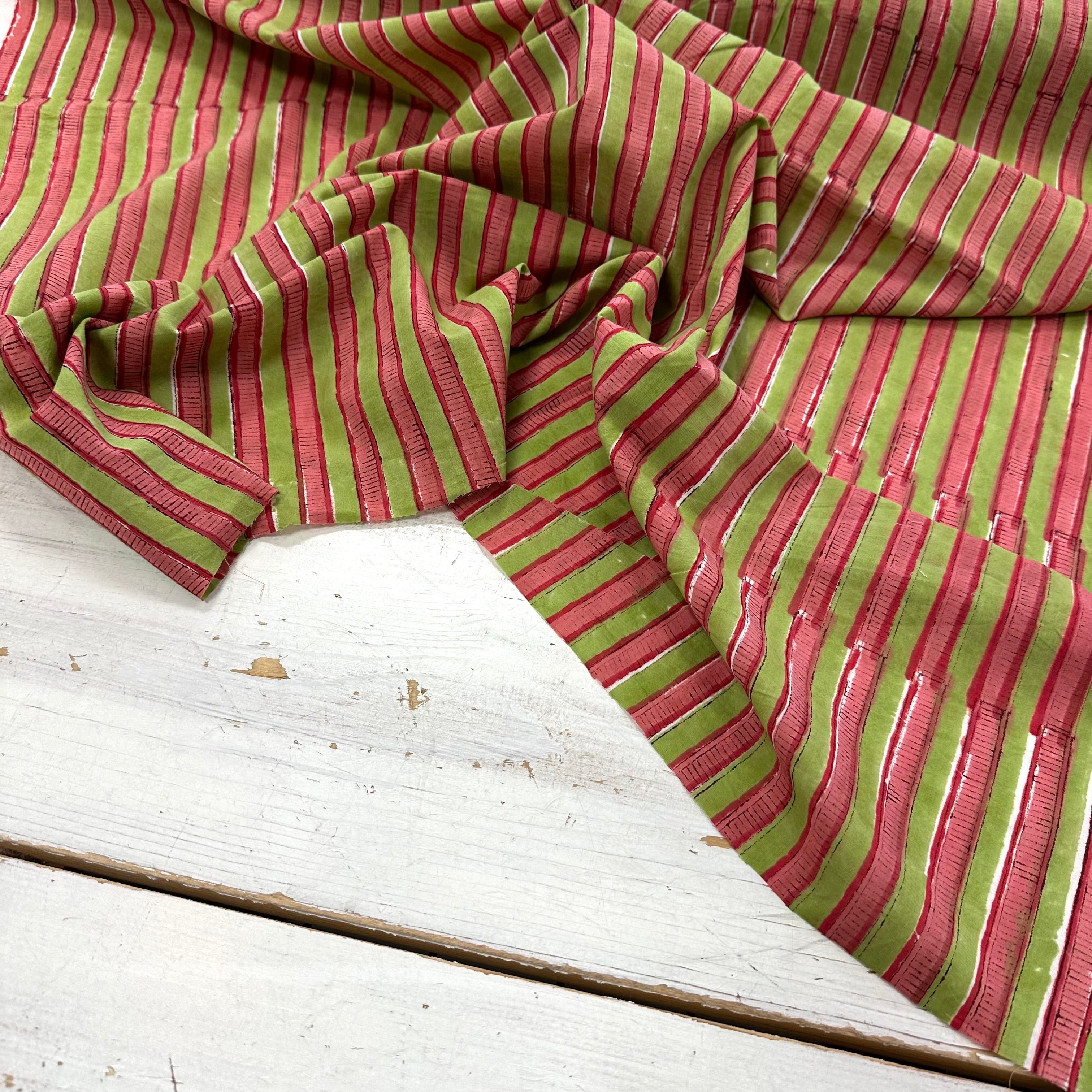 Ladder Stripe Block Print Coral/Green Tex Ex 2989