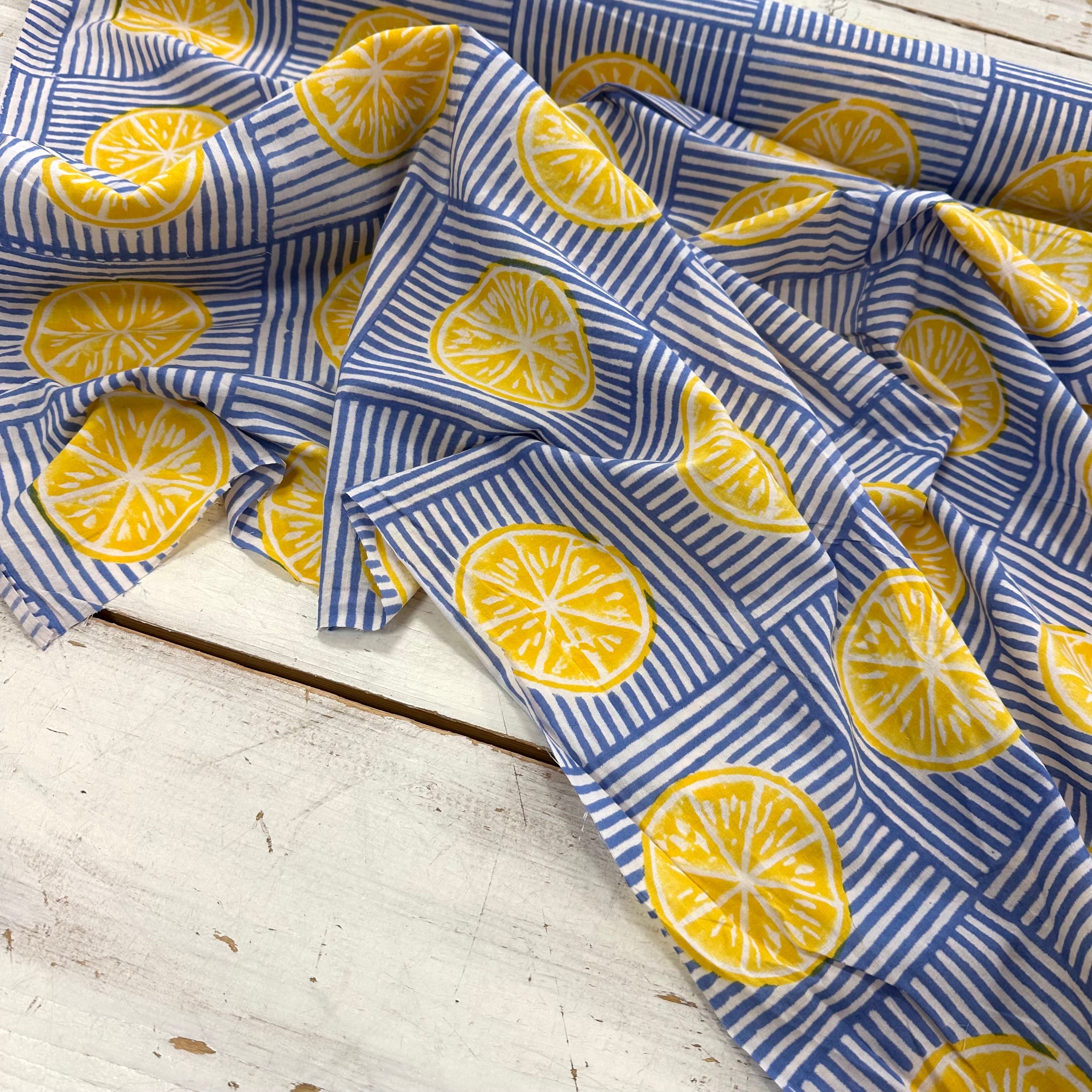 Amalfi Lemon Block Print Blue Tex Ex 2991