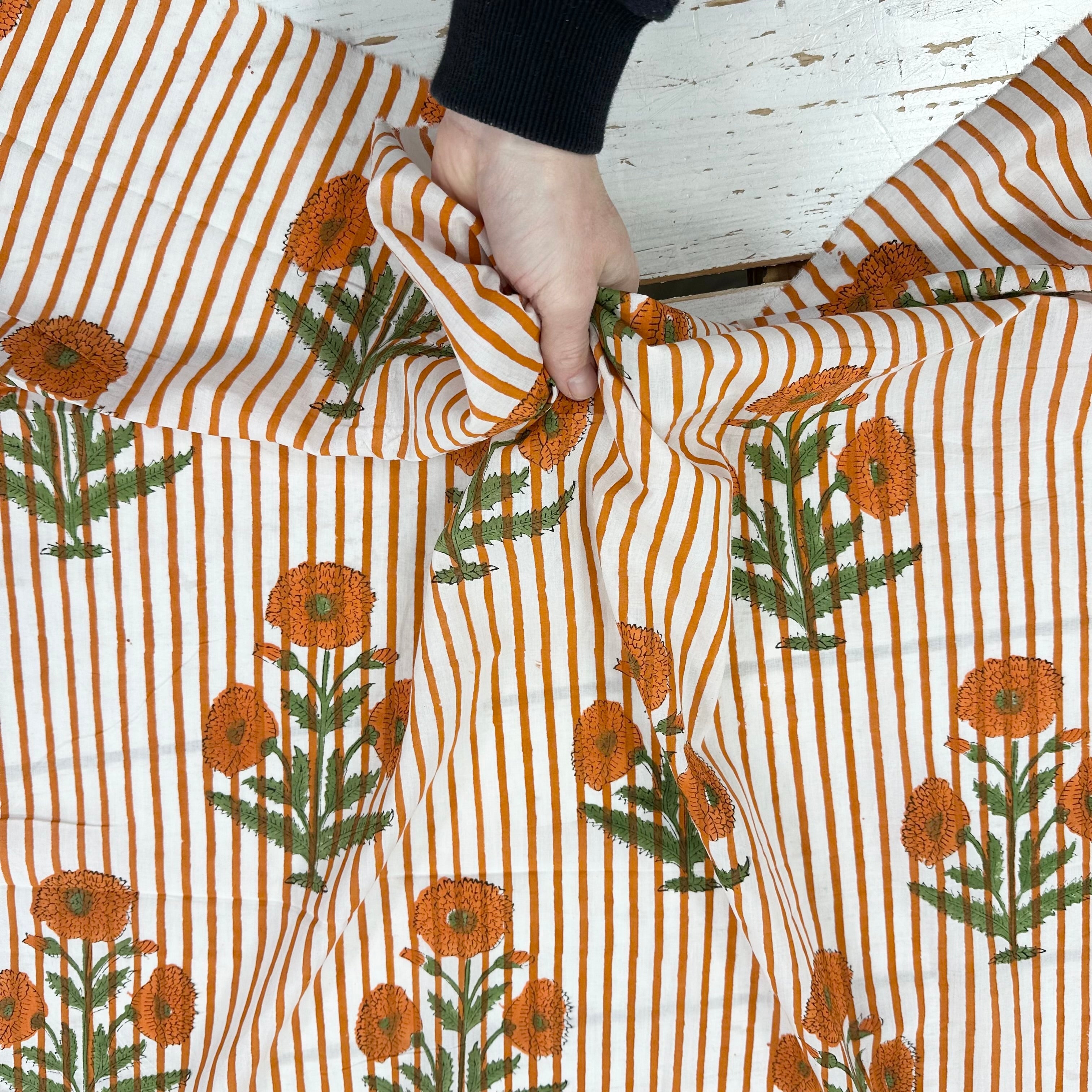 Marigold Stripe Floral Block Print Orange Tex Ex 2961