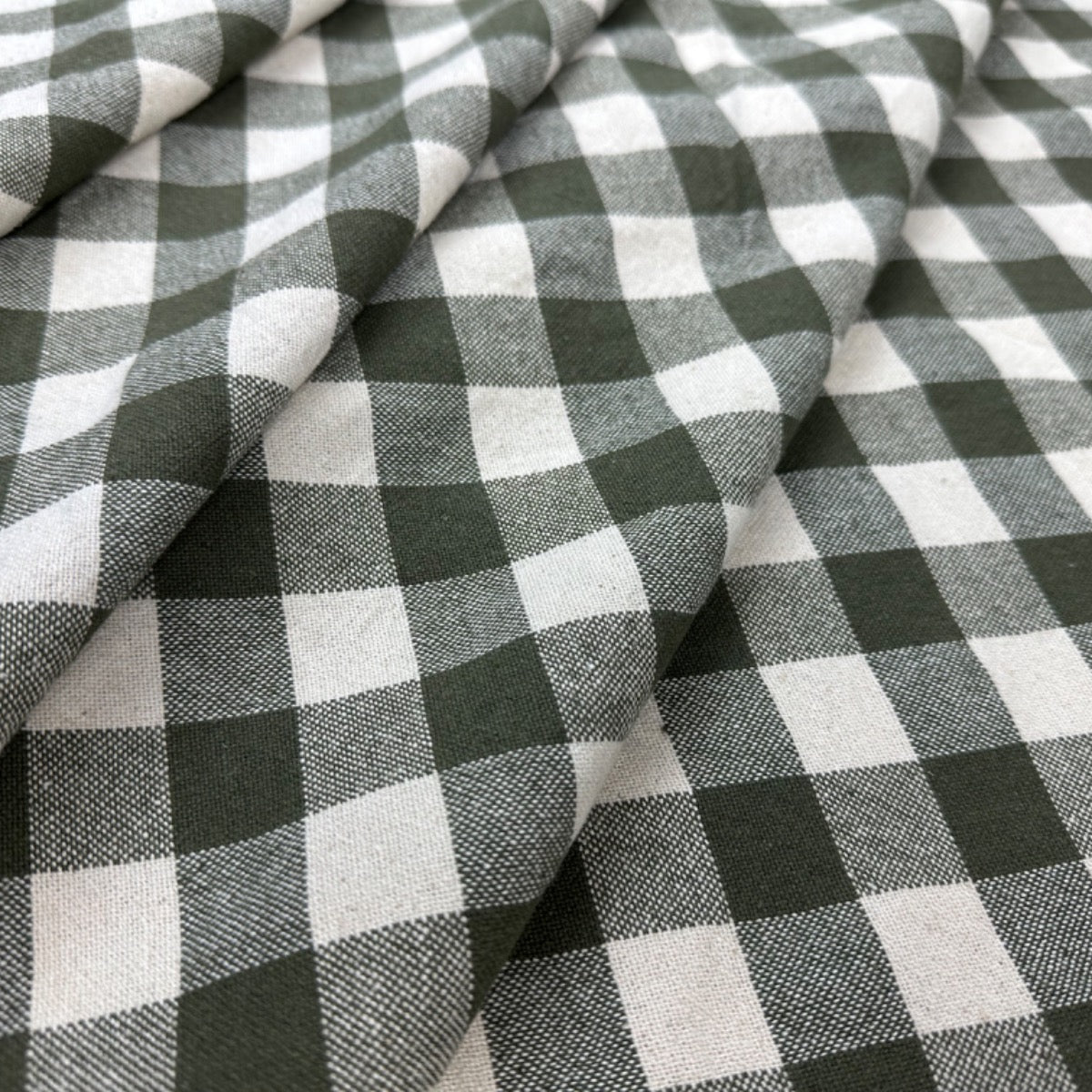 H358 Rustic Chunky Gingham Khaki Fabric Folded