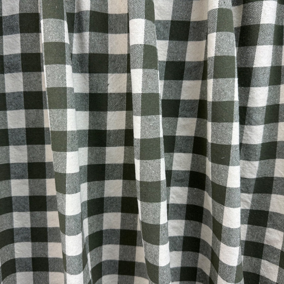 H358 Rustic Chunky Gingham Khaki Fabric Gathered As Curtain