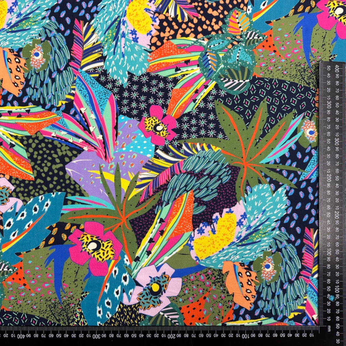 H369 90’s Jungle Viscose Multi Dress Fabric With Ruler For Scale