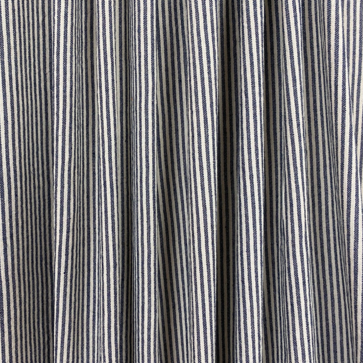 H389 Rustic Pierre Stripe Navy Fabric Swatch Gathered As Curtain