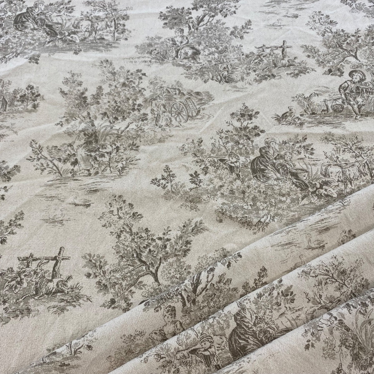 H397 Rustic Toile Natural Textile with nature-themed pattern featuring trees and animals on a beige background