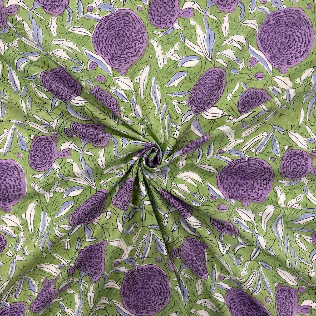 Hydrangea Floral Block Print Cotton Fabric, gathered, lightweight soft cotton with a traditional handcrafted Indian floral pattern