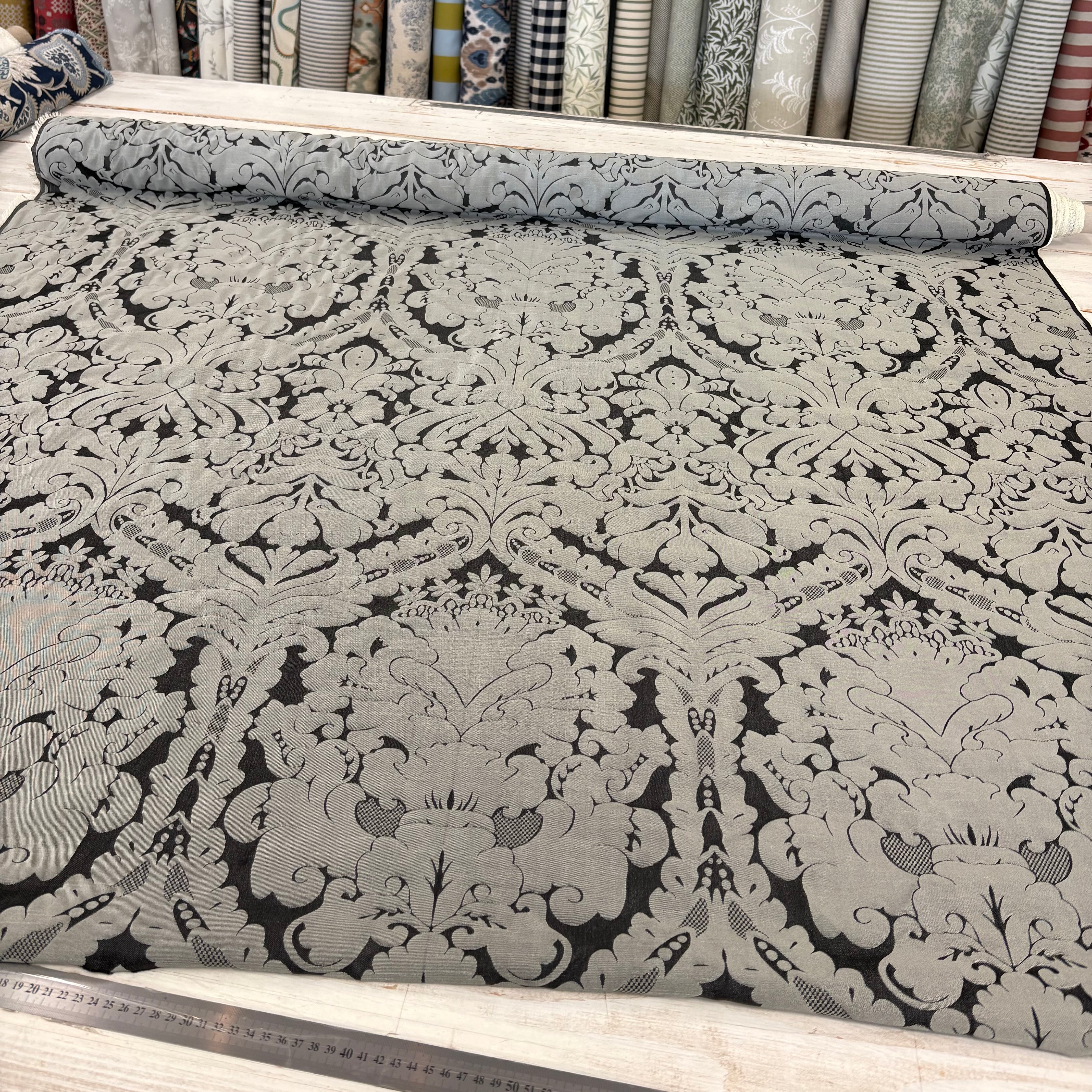 Faux Silk Damask Black Grey
