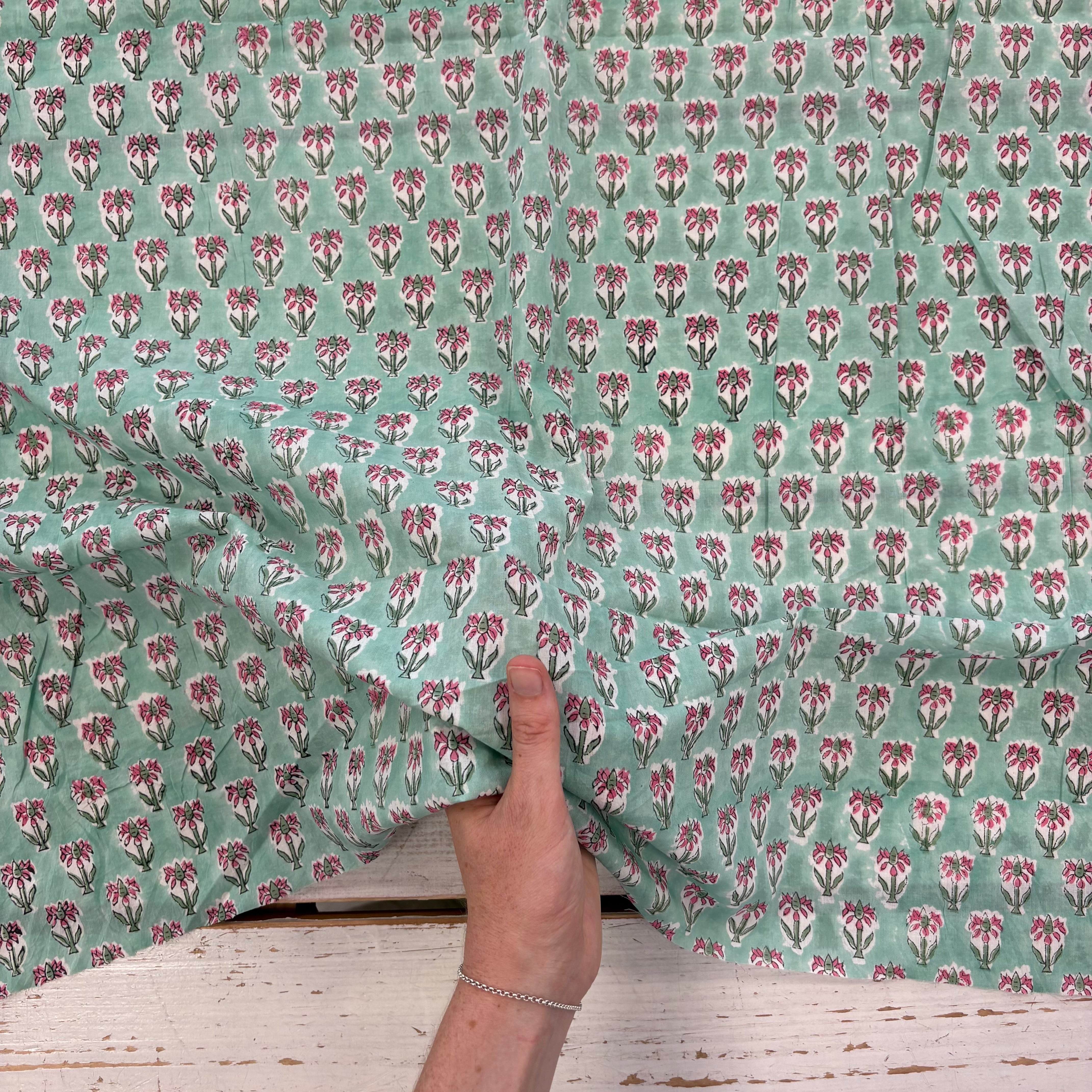 Lotus Motif Floral Block Print Mint Tex Ex 3022
