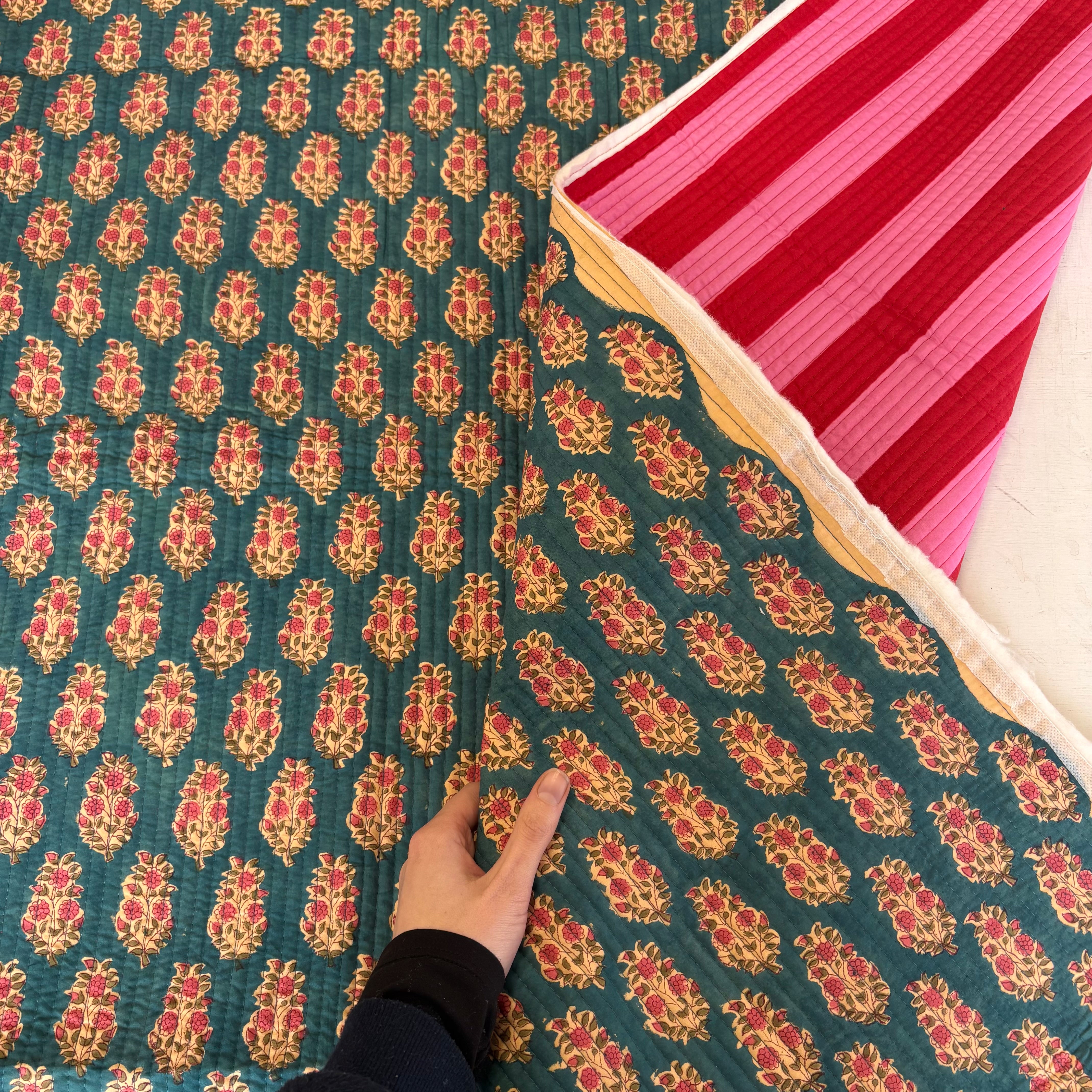 Stripe and Posy Double sided quilted Block Print Tex Ex 2977