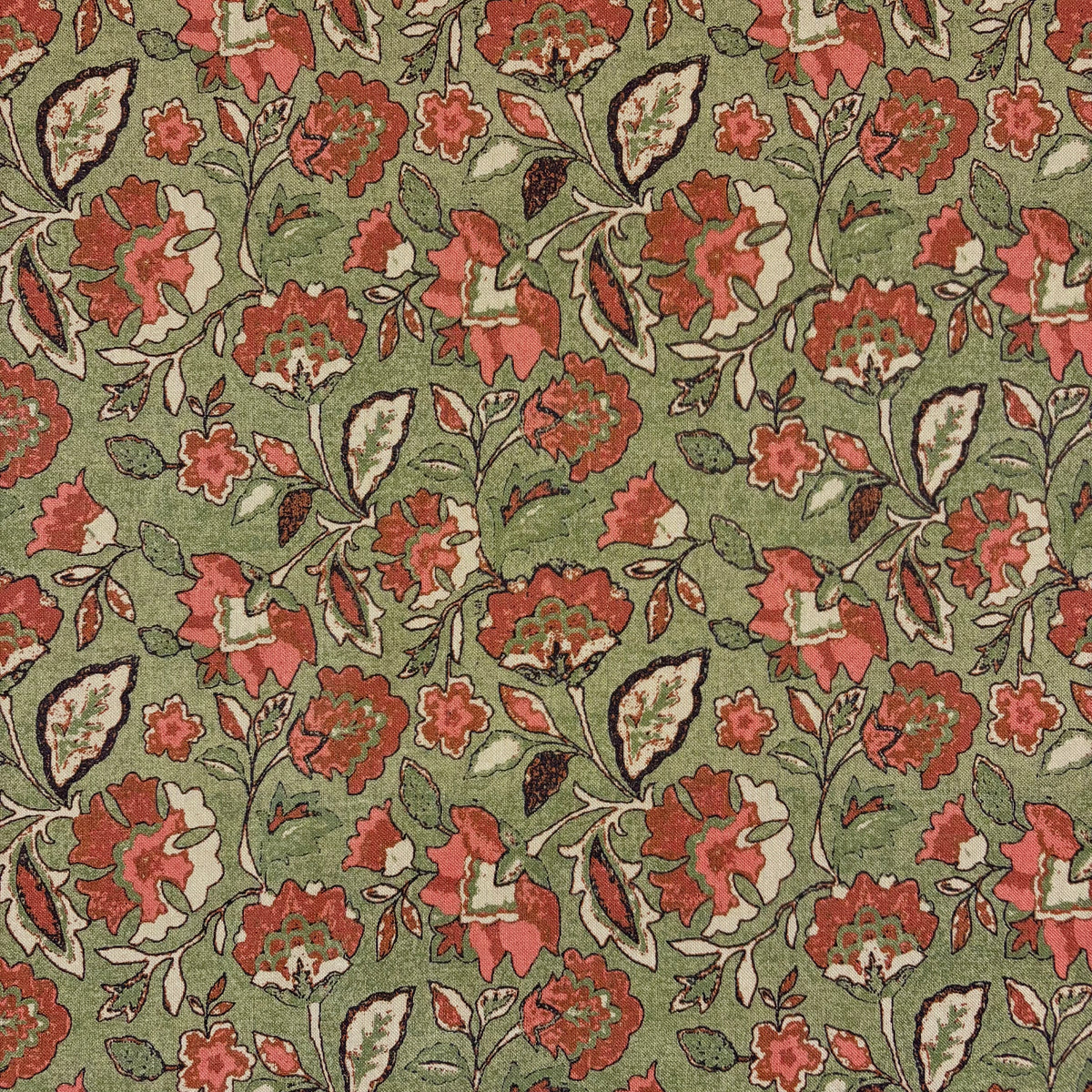 K48 Trailing Floral Block Print Style Linen Look Green Fabric