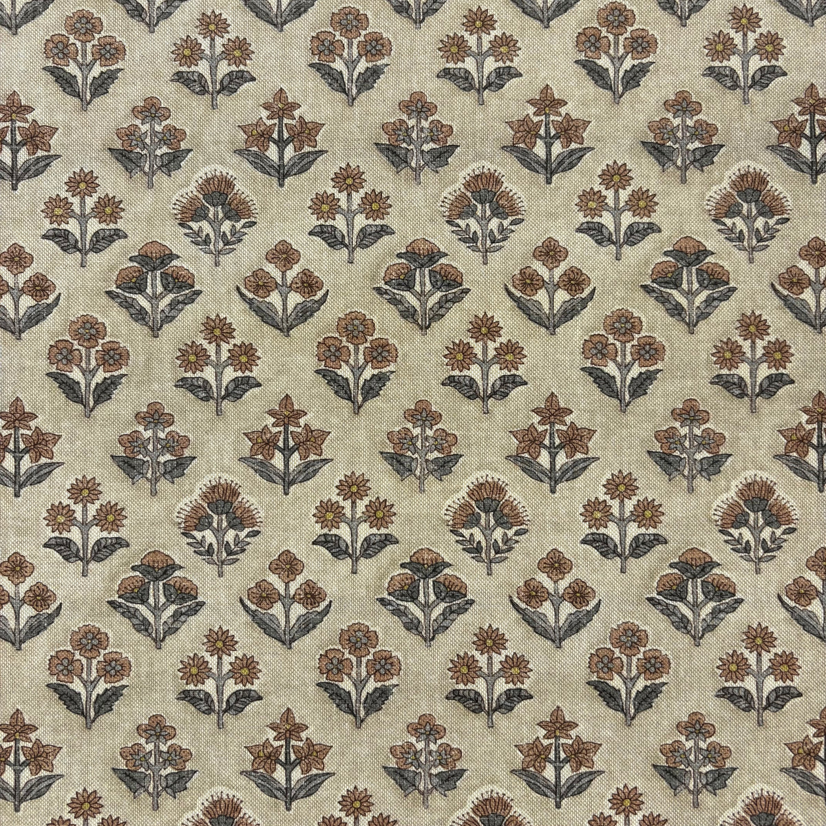 K50 Floral Block Print Style Linen Look Natural Fabric