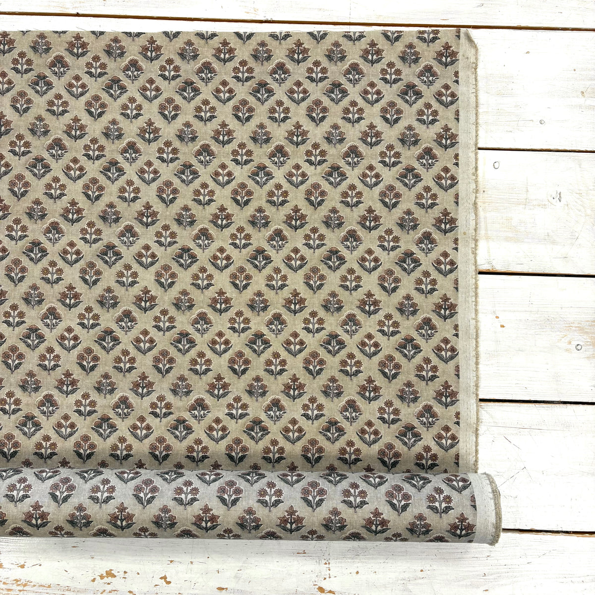 K50 Floral Block Print Style Linen Look Natural Fabric Roll