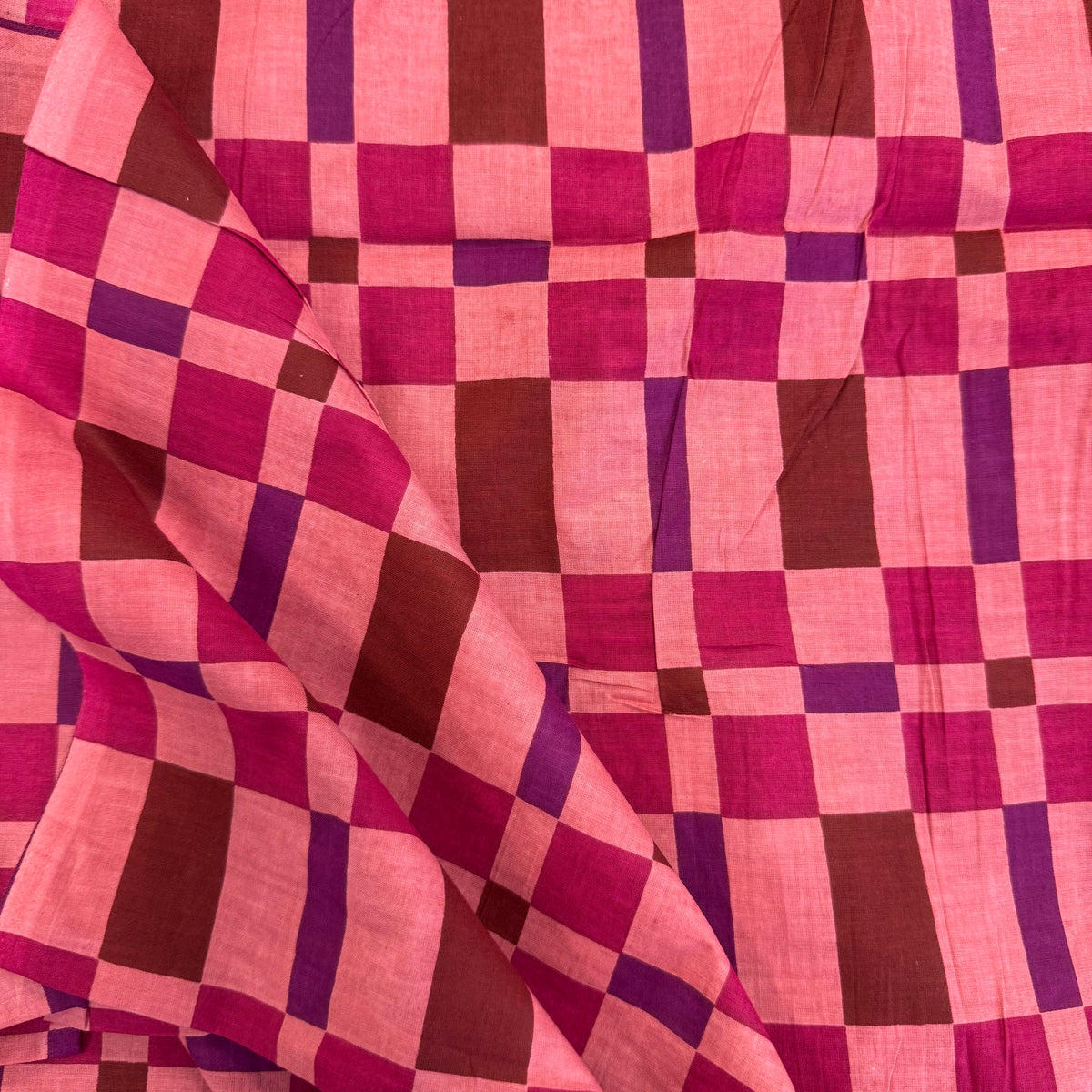 Pink blanket Check Indian Block Print Cotton Fabric folded, lightweight 100gsm printed cotton for dressmaking, handmade gifts, crafts and soft furnishings, handcrafted using traditional Indian printing techniques.