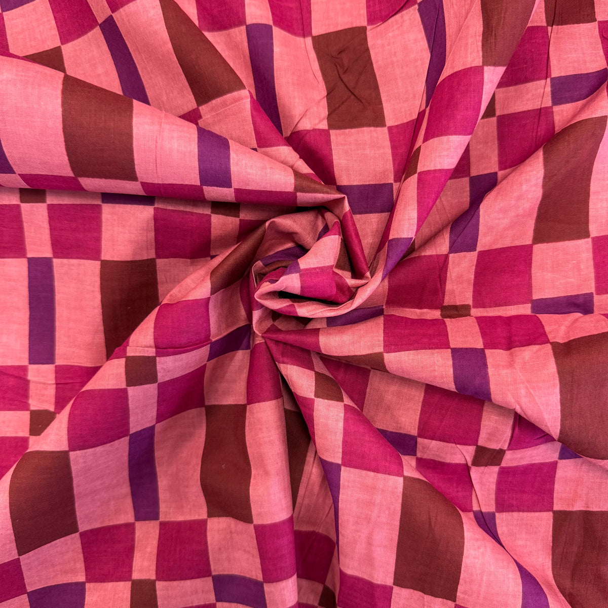 Pink blanket Check Indian Block Print Cotton Fabric gathered, lightweight 100gsm printed cotton for dressmaking, handmade gifts, crafts and soft furnishings, handcrafted using traditional Indian printing techniques.