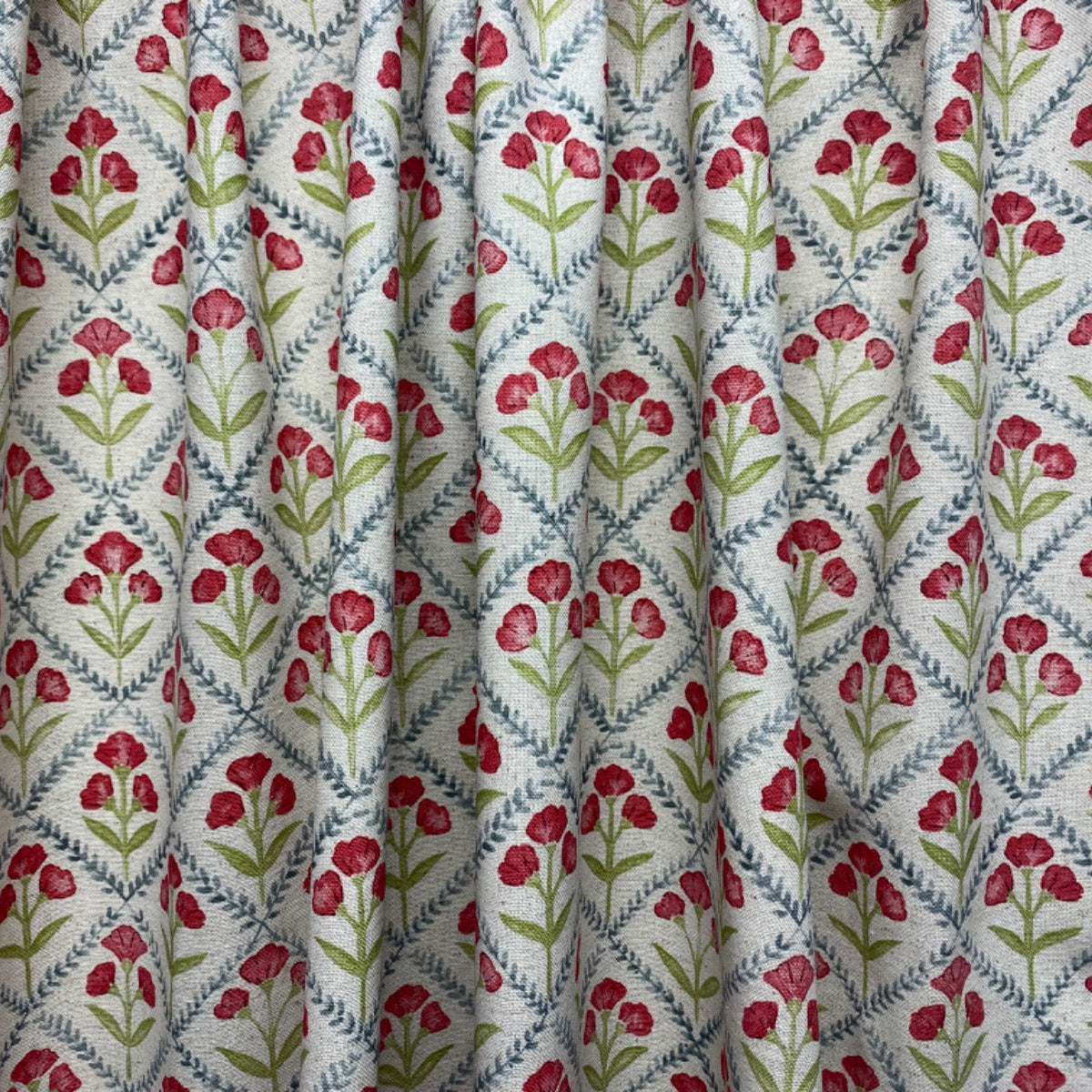 Prestigious Textiles Chatsworth Poppy floral cotton linen fabric from the Greenhouse collection Gathered