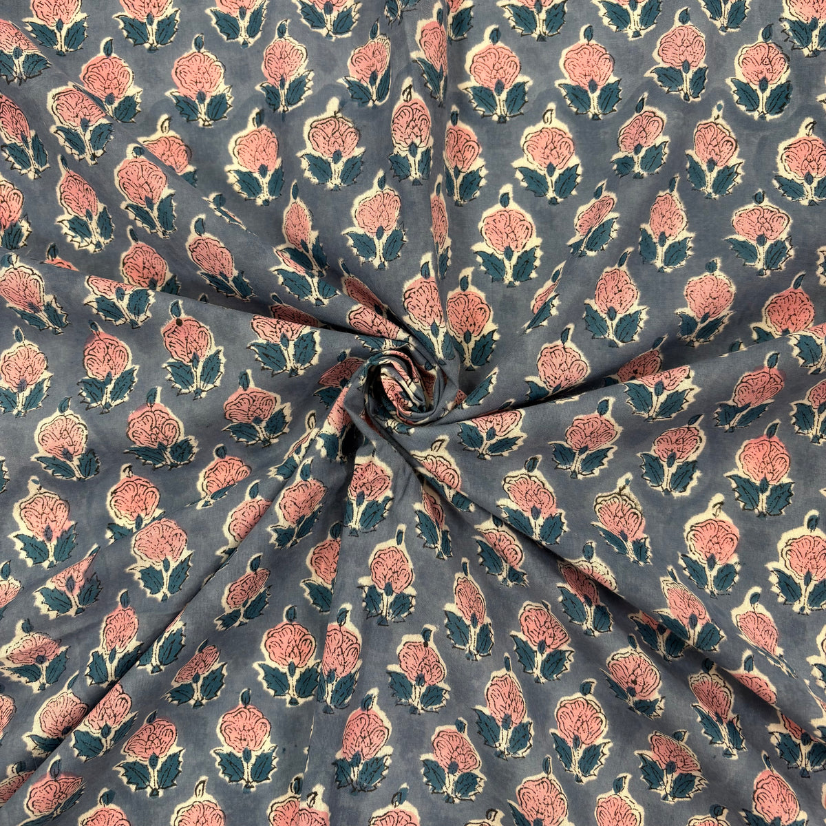 Rose Motif Floral block Print Cotton Fabric, gathered, lightweight, soft cotton fabric featuring a traditional handcrafted Indian block print floral pattern, perfect for dressmaking, quilting, crafts, handmade gifts and light home décor projects.