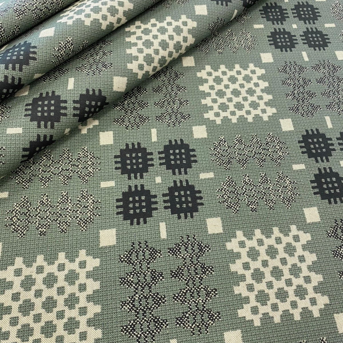 S105 Welsh Blanket Oilcloth Sage Wipeable Tablecloth Folded