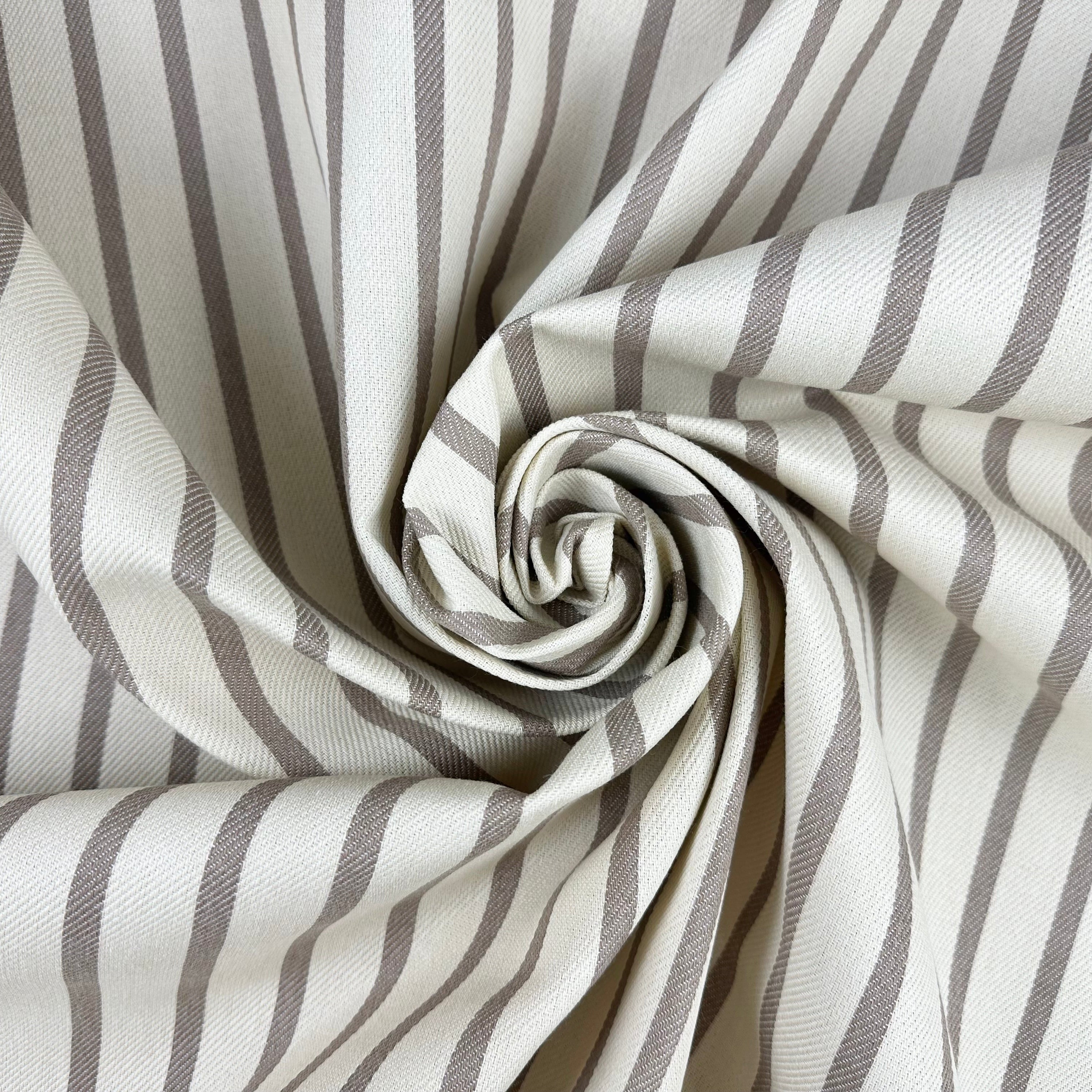 S294 Stain Resistant Stripe Taupe fabric gathered