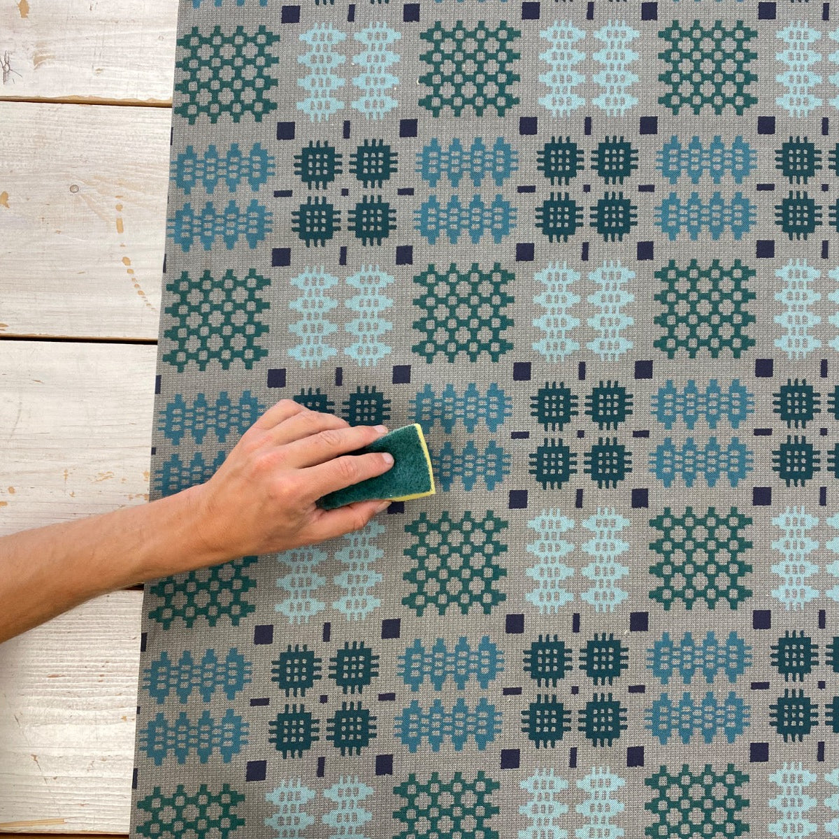 S50 Welsh Blanket Oilcloth Slate Aqua Wipeable Tablecloth Fabric