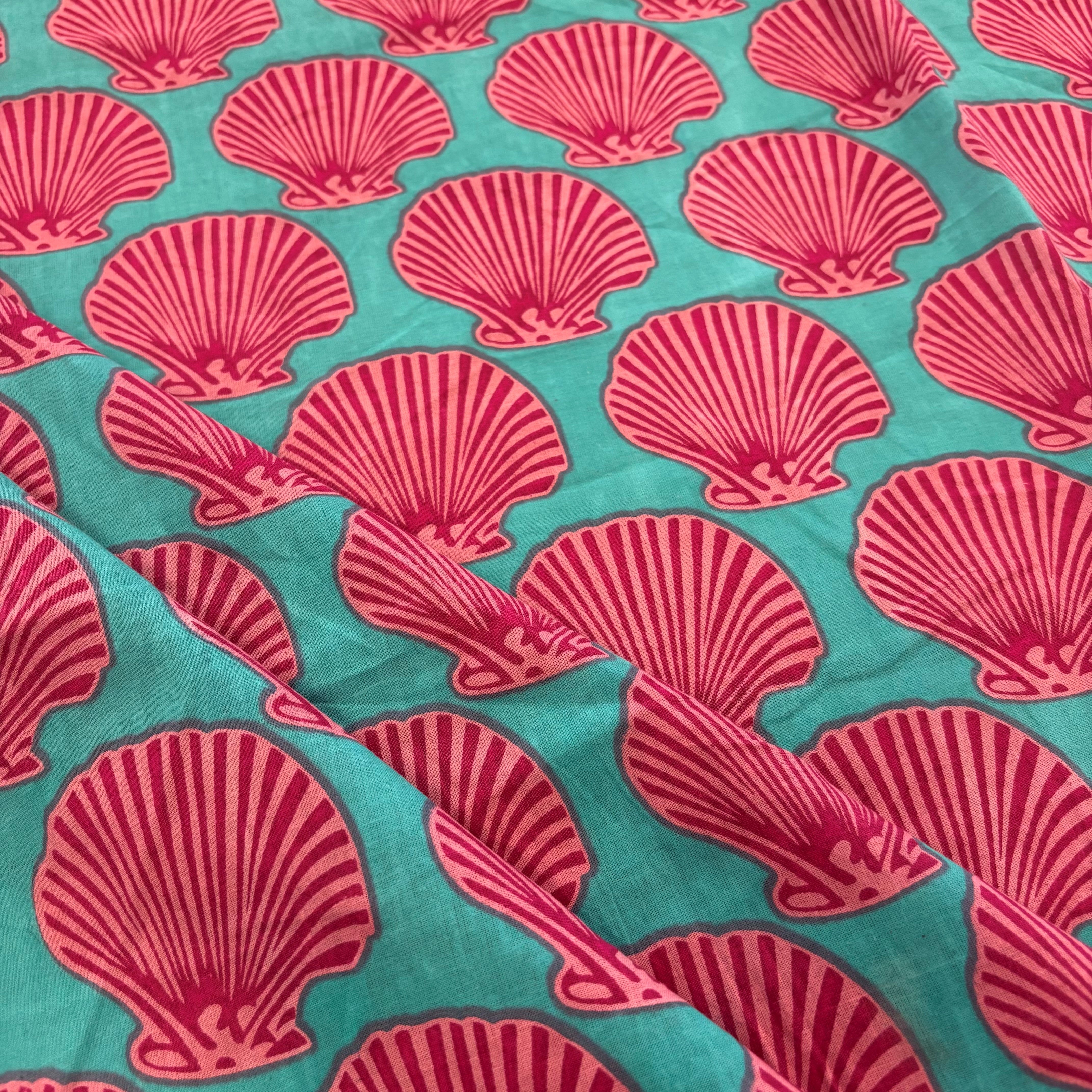 Shell Block Print Turquoise Tex Ex 3013 Fabric Folded