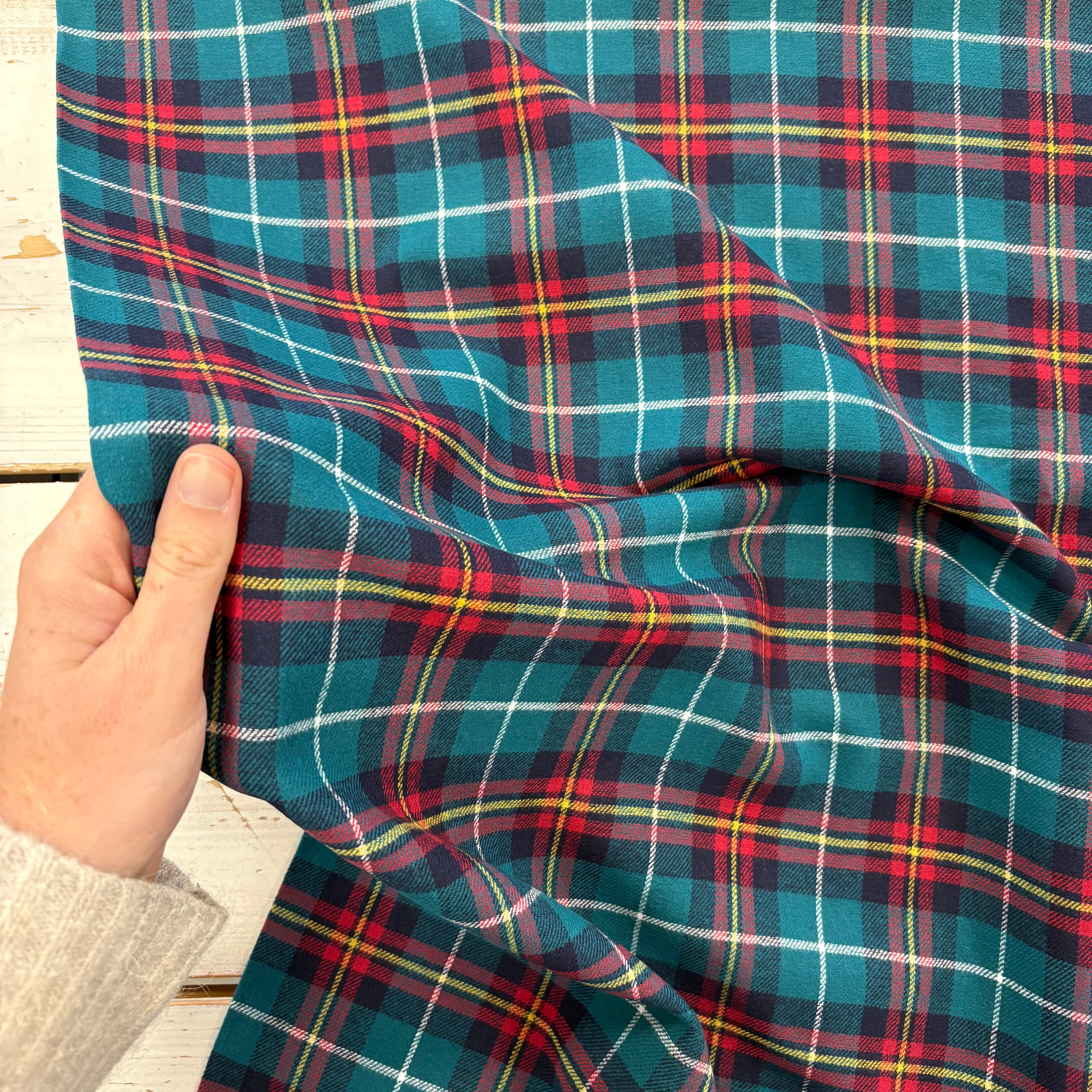 T574 Brushed Cotton Tartan Teal Fabric Scale