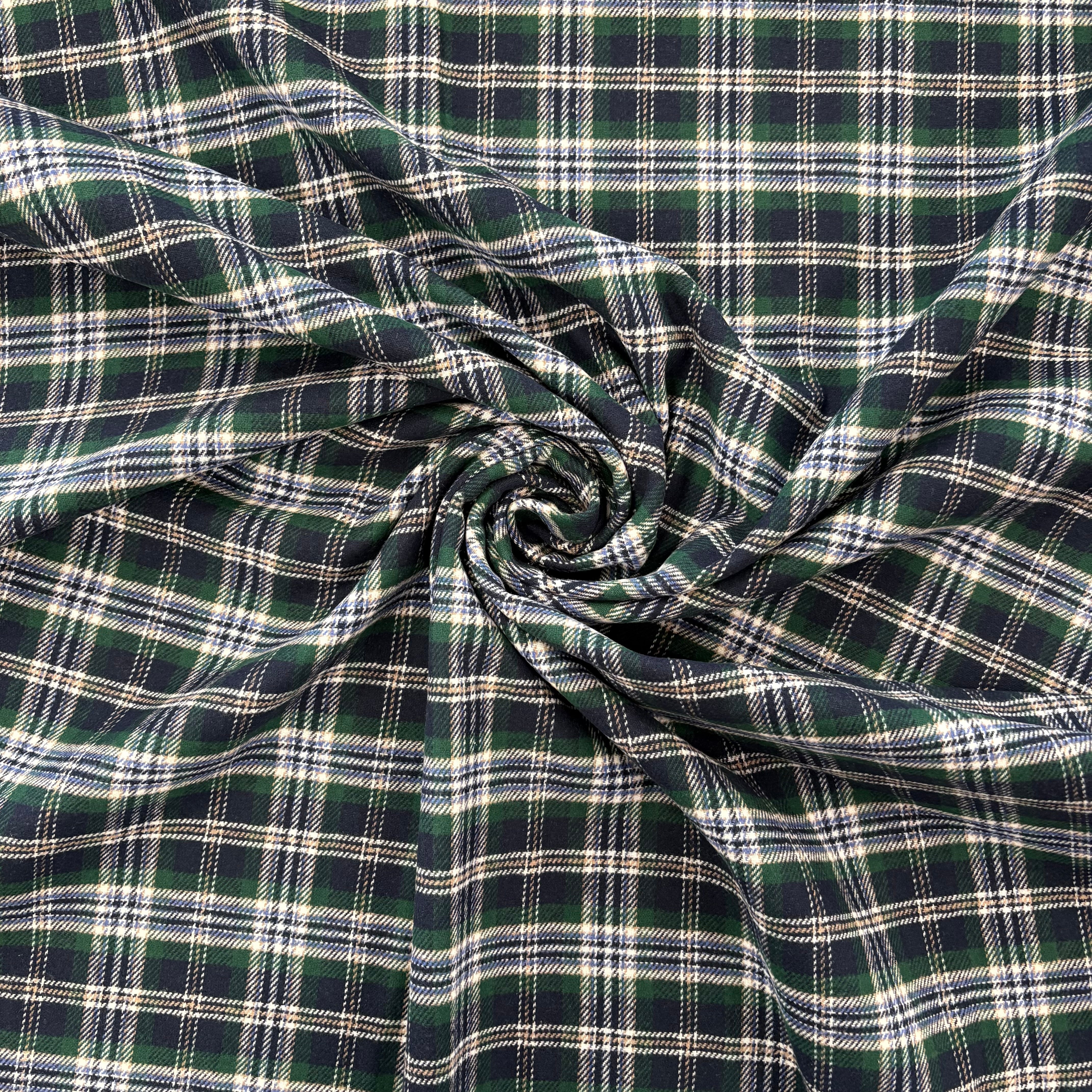 T576 Luxury Brushed Cotton Tartan Blue Fabric Gathered
