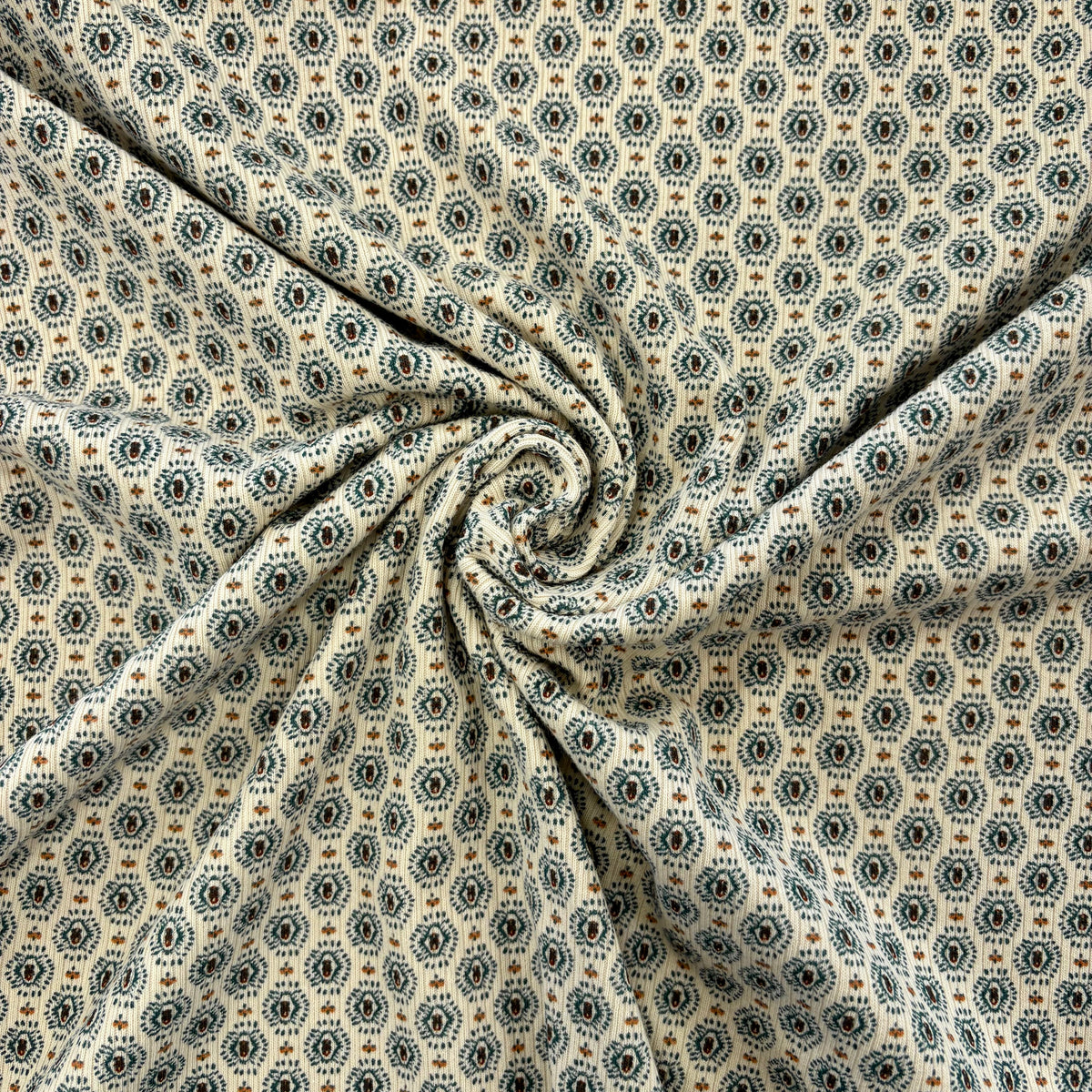 T579 Diamond Medallion Ribbed Jersey Vintage Fabric Gathered