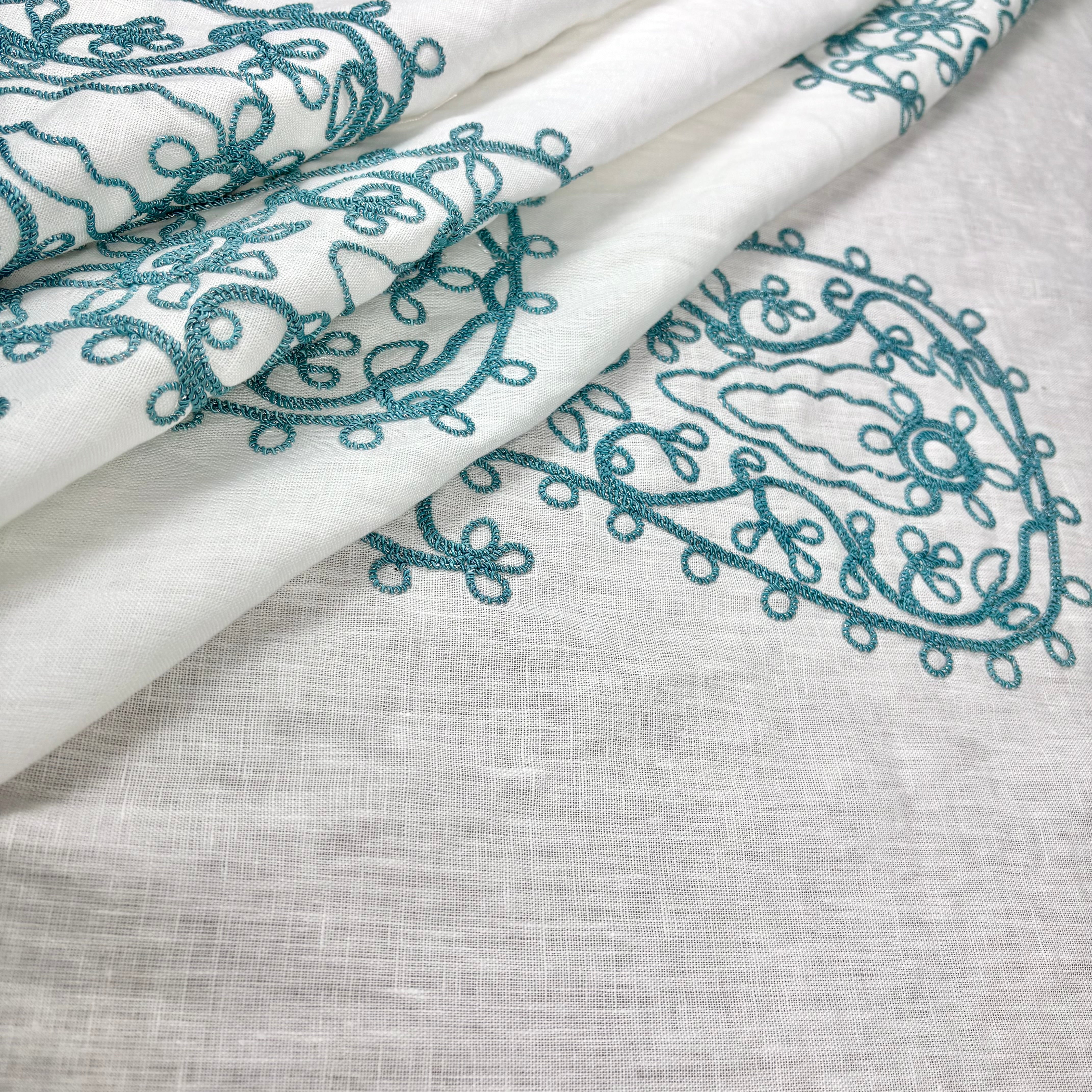 Tex Ex 2935 Embroidered Paisley Linen White Denim Gathered