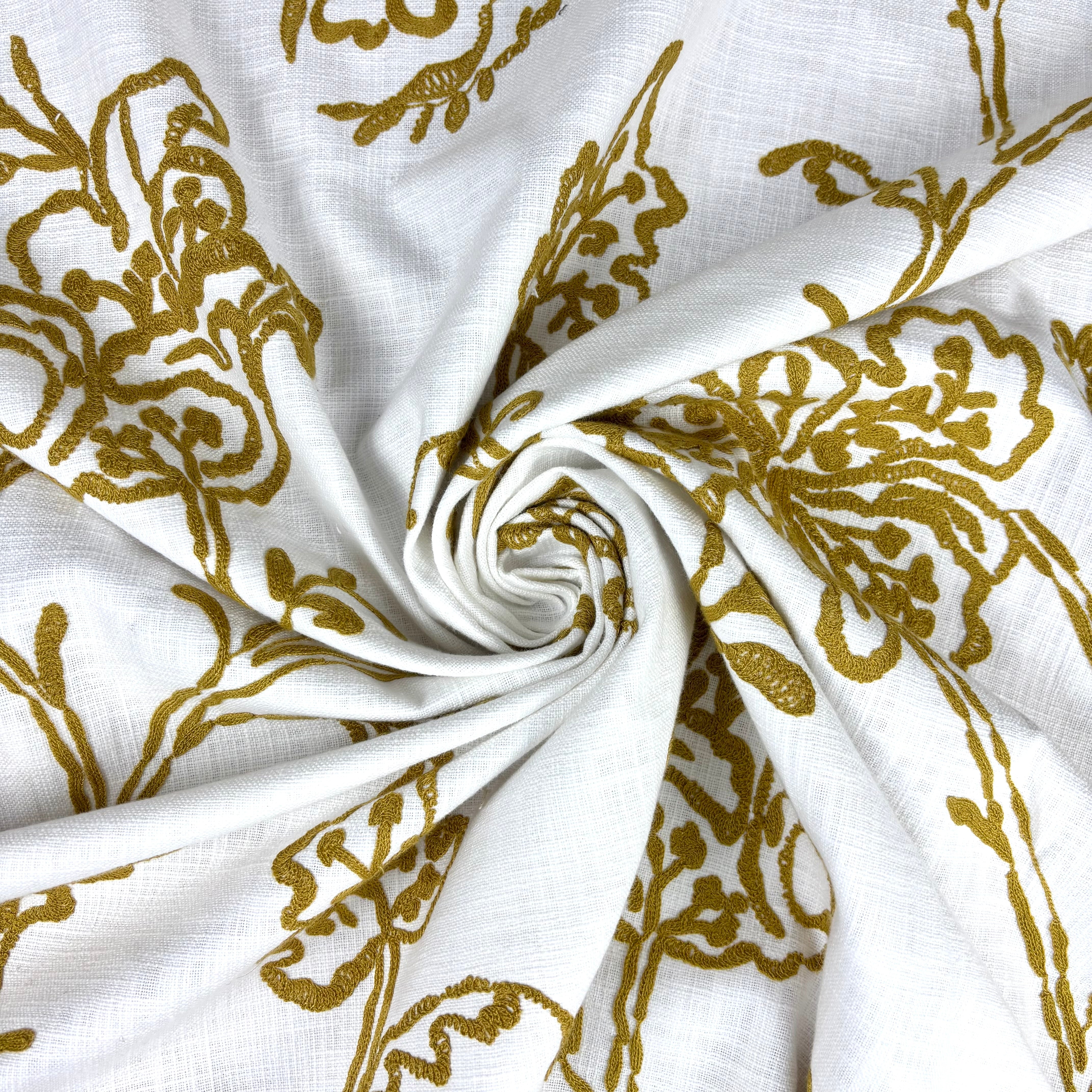 Tex Ex 2937 Embroidered Floral Linen Mustard Fabric
