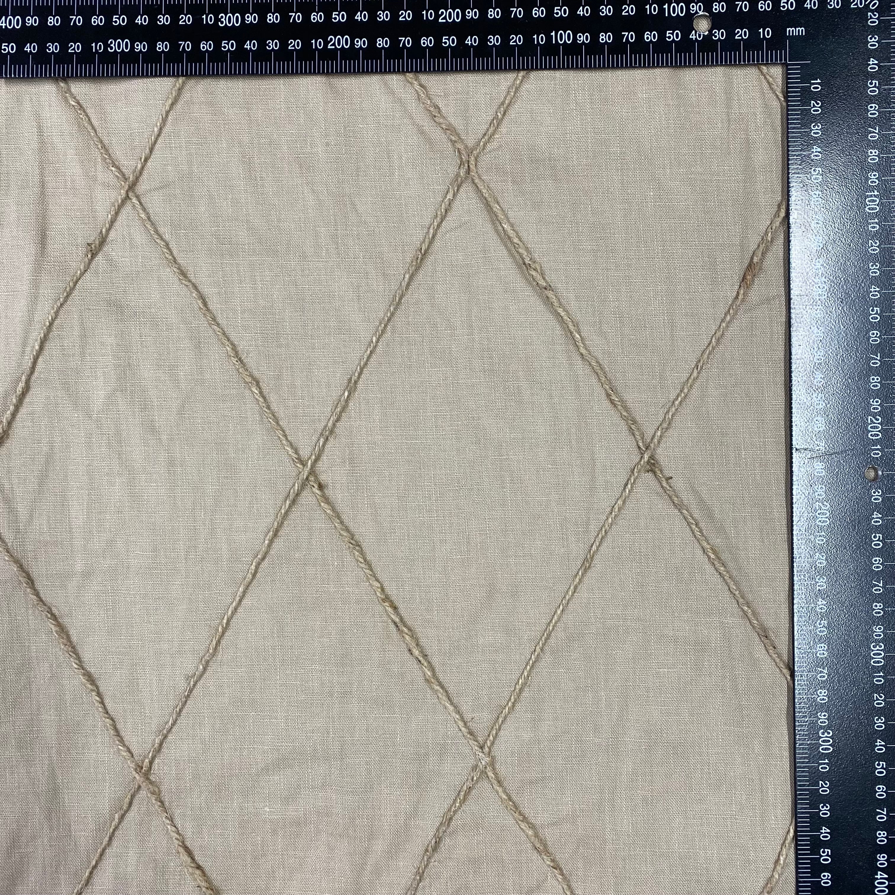 Tex Ex 2939 Embroidered Diamond Trellis Linen Natural With ruler for scale