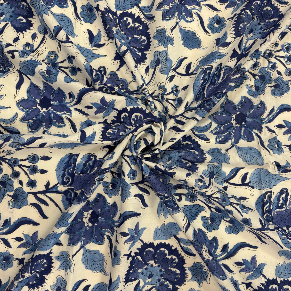 Trailing blooms Floral block Print Cotton Fabric, gathered, lightweight, soft cotton fabric featuring a traditional handcrafted Indian block print floral pattern, perfect for dressmaking, quilting, crafts, handmade gifts and light home décor projects.