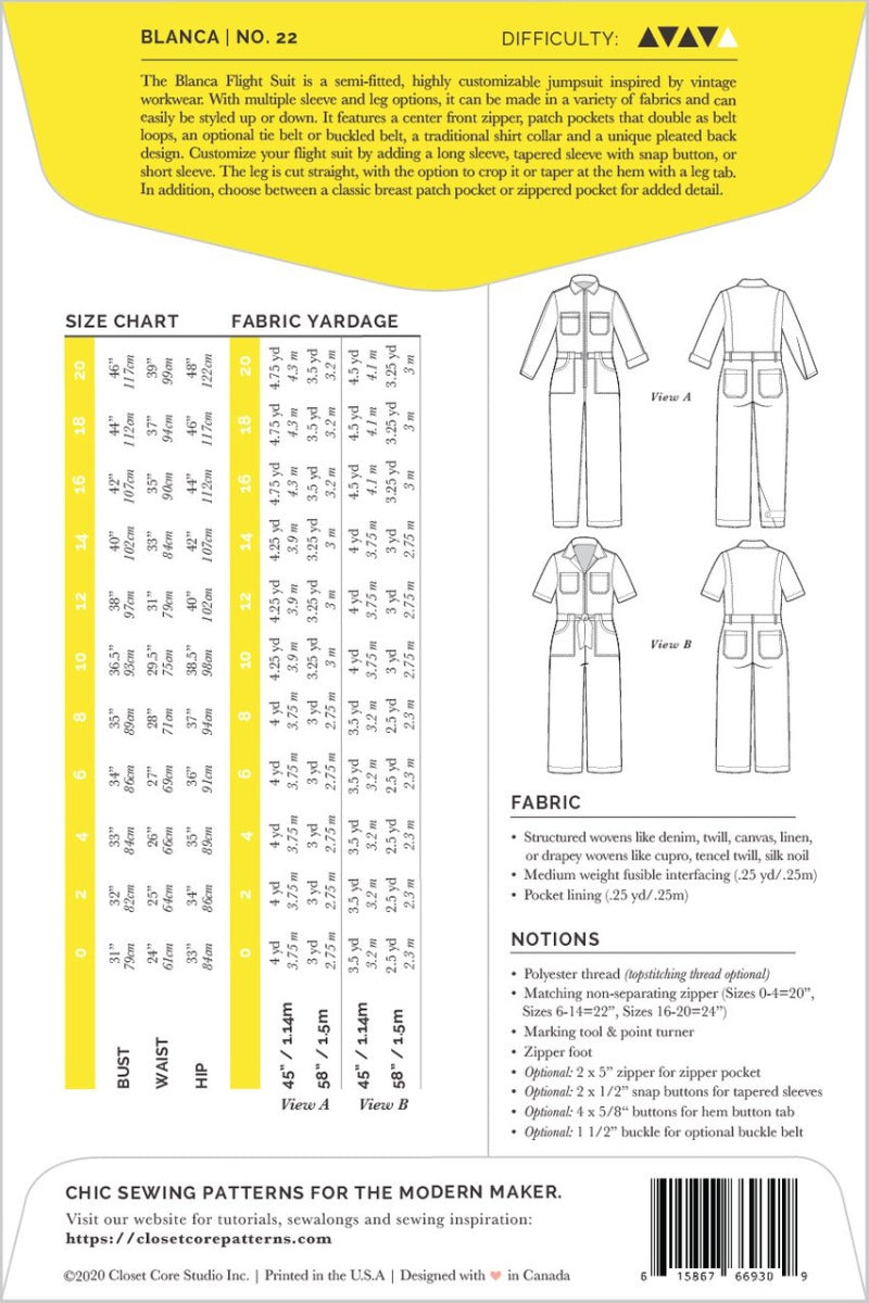 Closet Core Blanca Flight Suit Sewing Pattern
