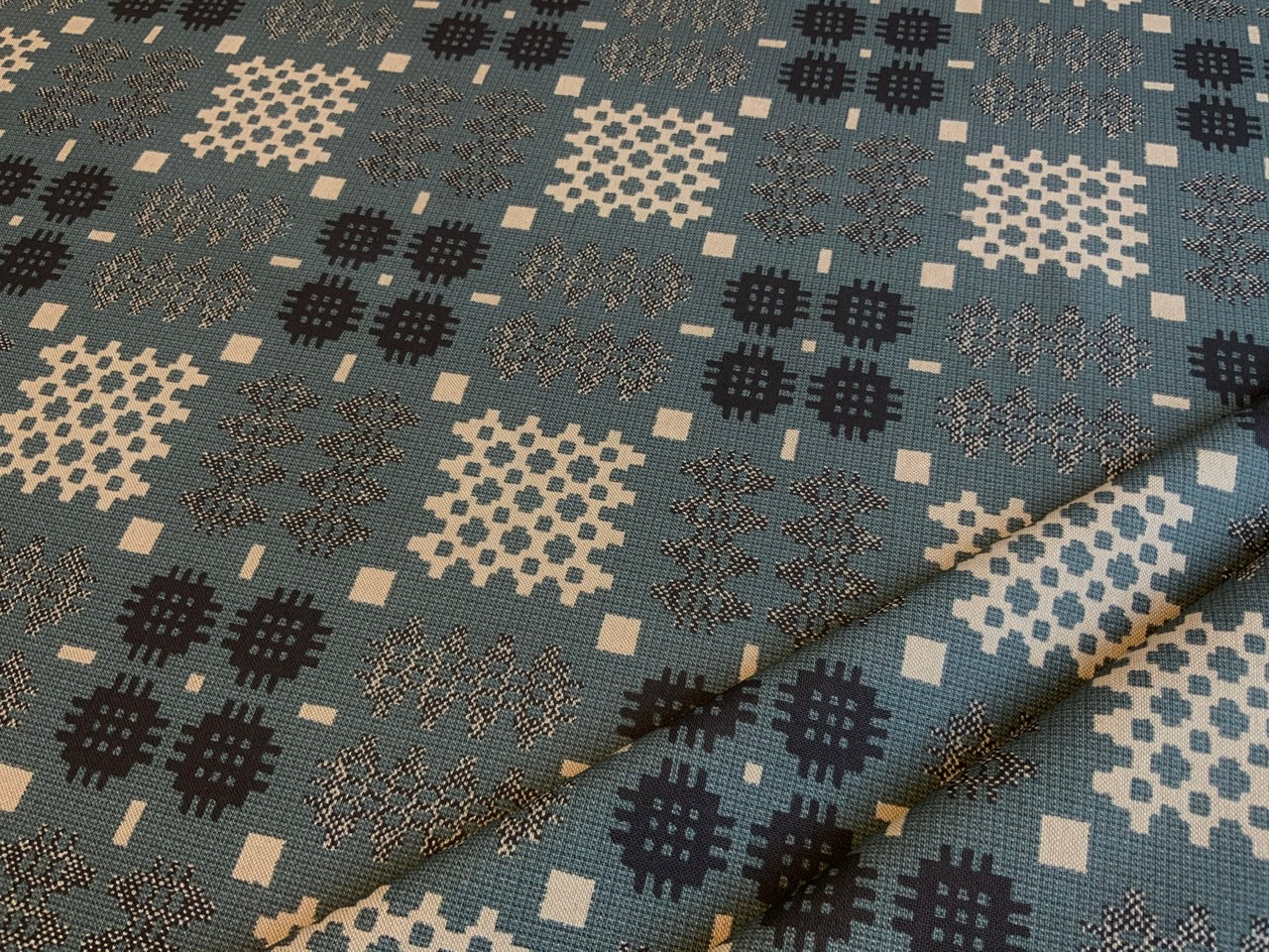 S56 Linen Look Welsh Blanket Blue Print