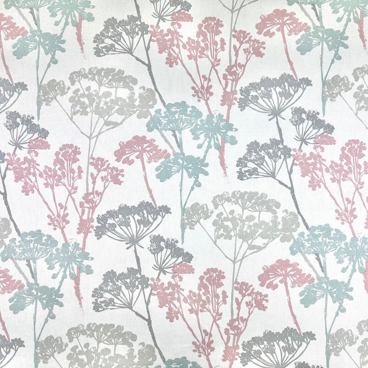 Clarke & Clarke floral cotton curtain fabric in soft pink and pastel shades.