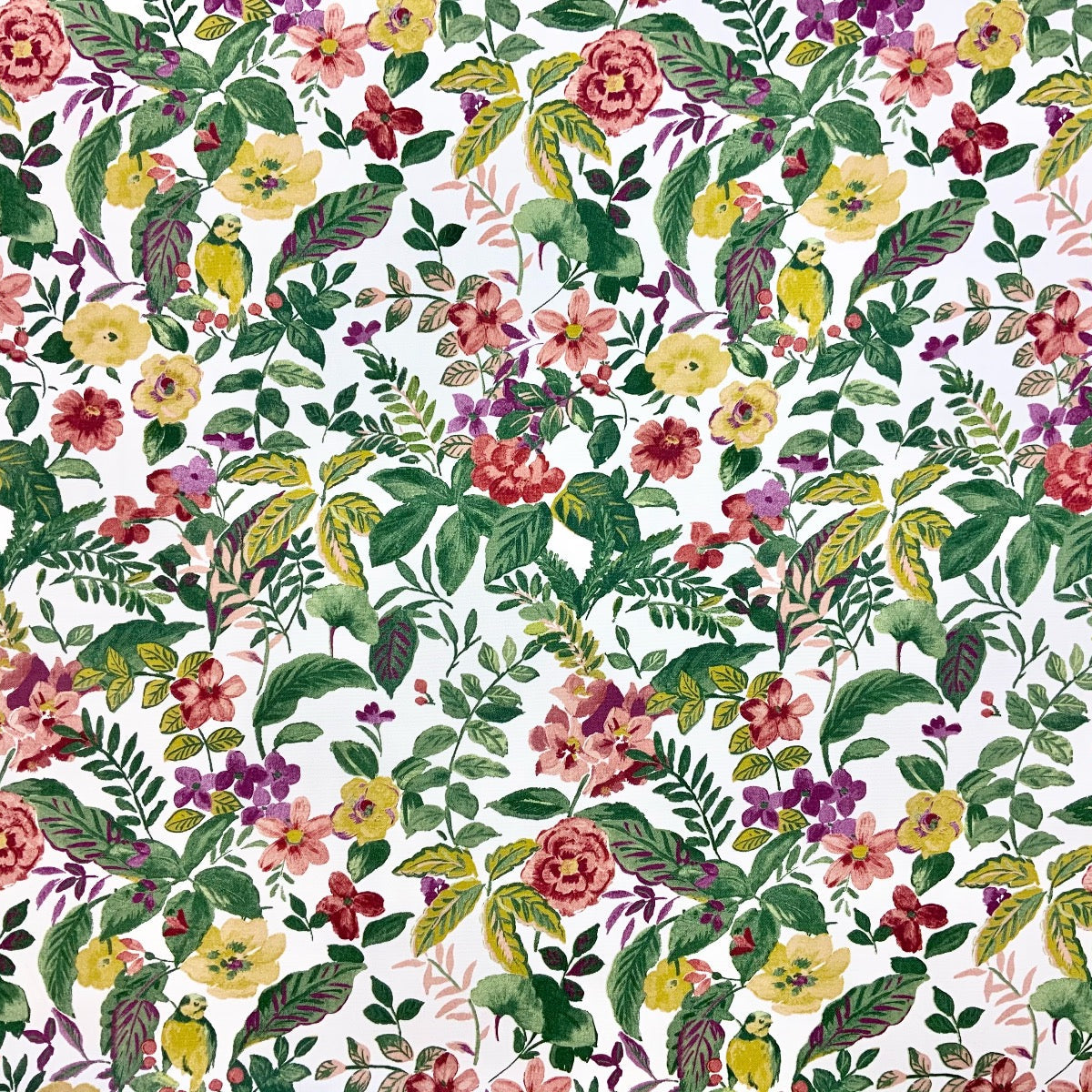Clarke & Clarke floral cotton curtain fabric with leaves and birds.