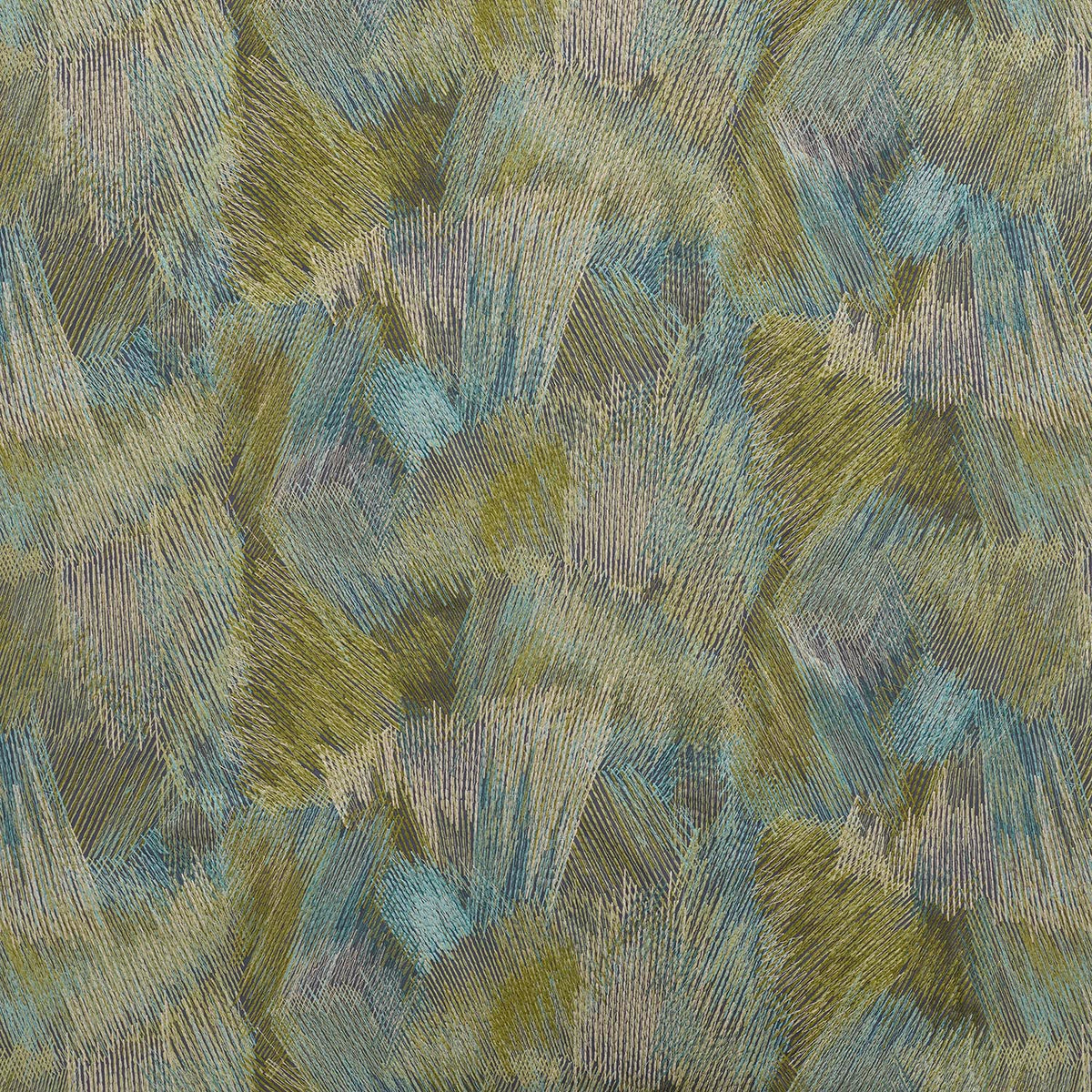iLiv Emberley cedar fabric featuring a contemporary embroidered pattern in green tones.