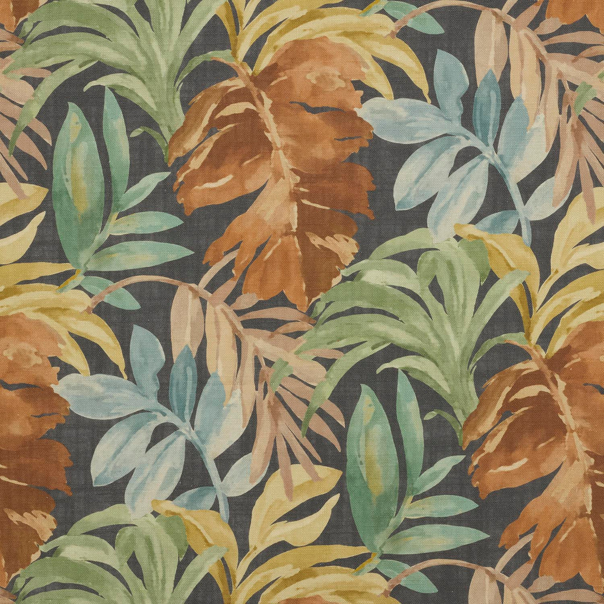 iLiv Tropique Henna contemporary fabric in a black colourway, featuring a stylish leaf design on a linen mix base cloth.